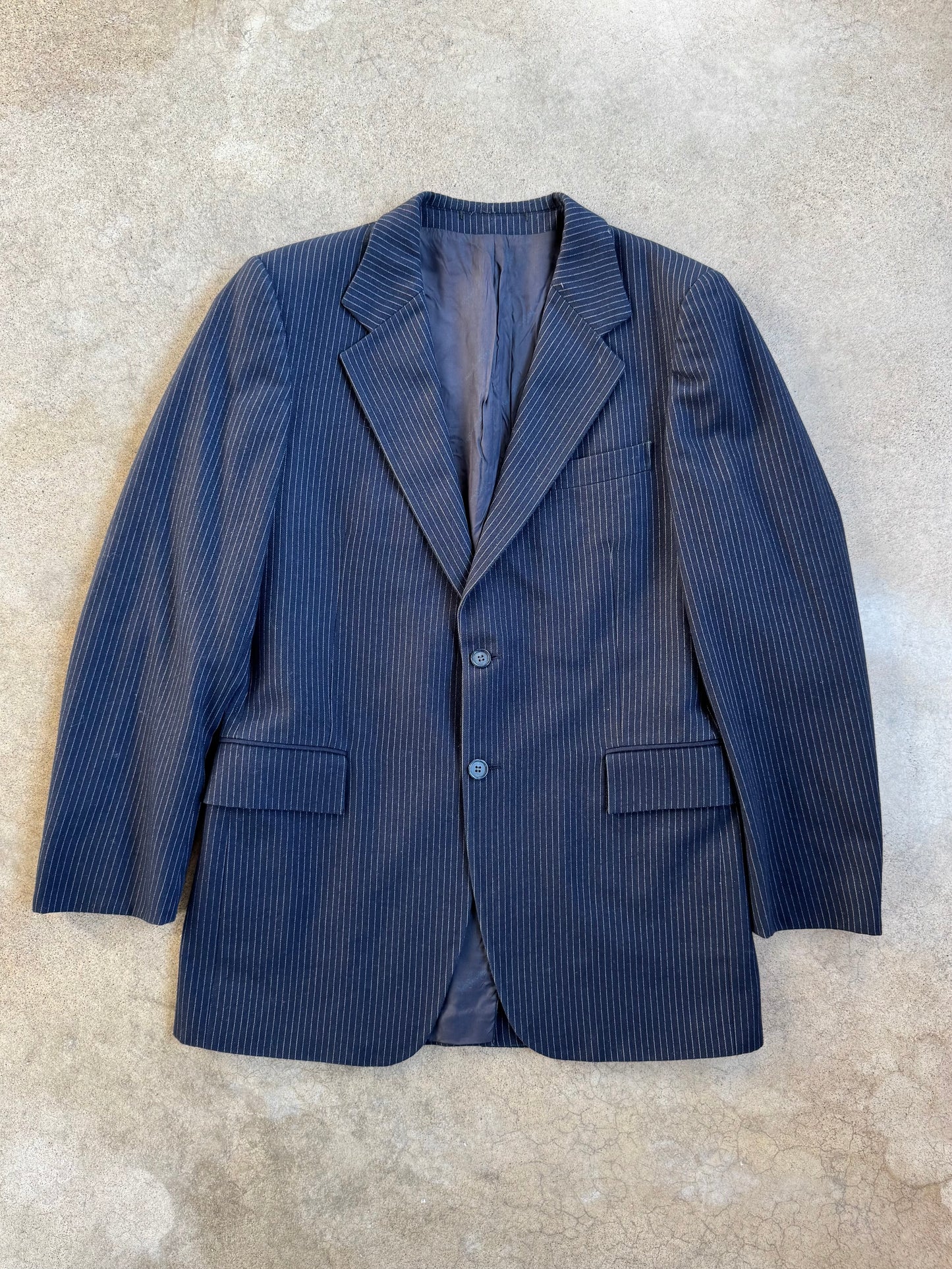 Vintage 1970s Yves Saint Laurent Wool Navy Blue Pinstripe 3-Piece Suit | 42