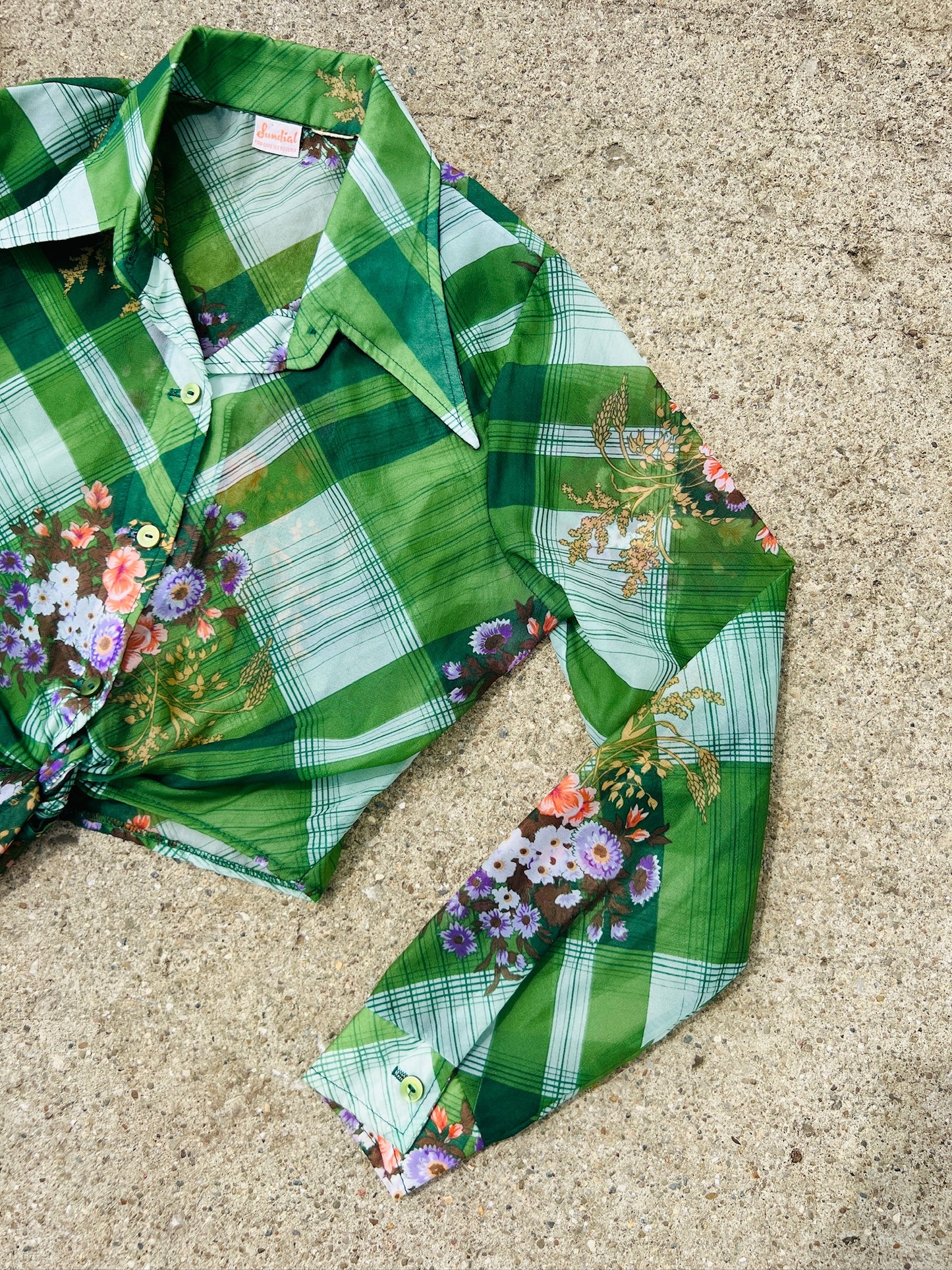 Vintage 1970s Sundial Green Floral Tie Front Cropped Blouse | Small