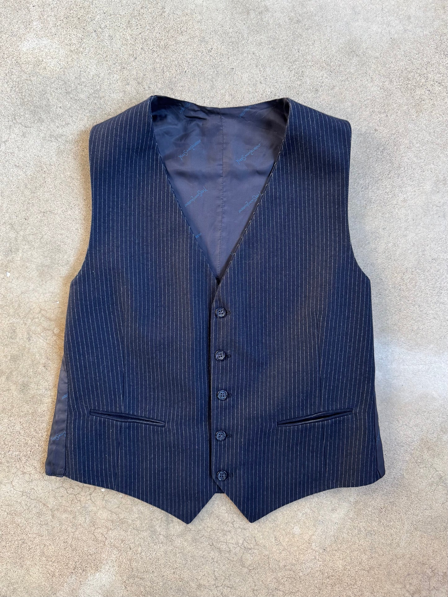 Vintage 1970s Yves Saint Laurent Wool Navy Blue Pinstripe 3-Piece Suit | 42