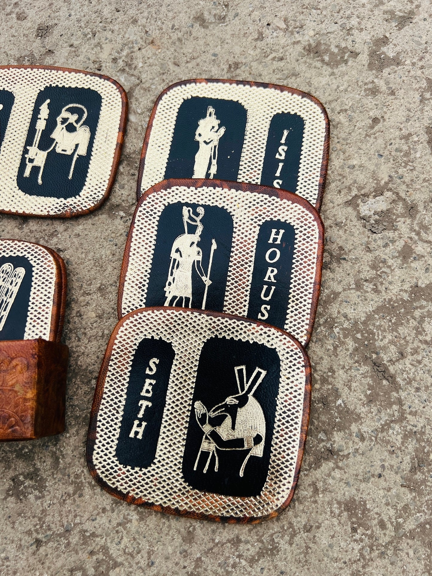 Vintage 1980s Egyptian God Leather Coaster Set