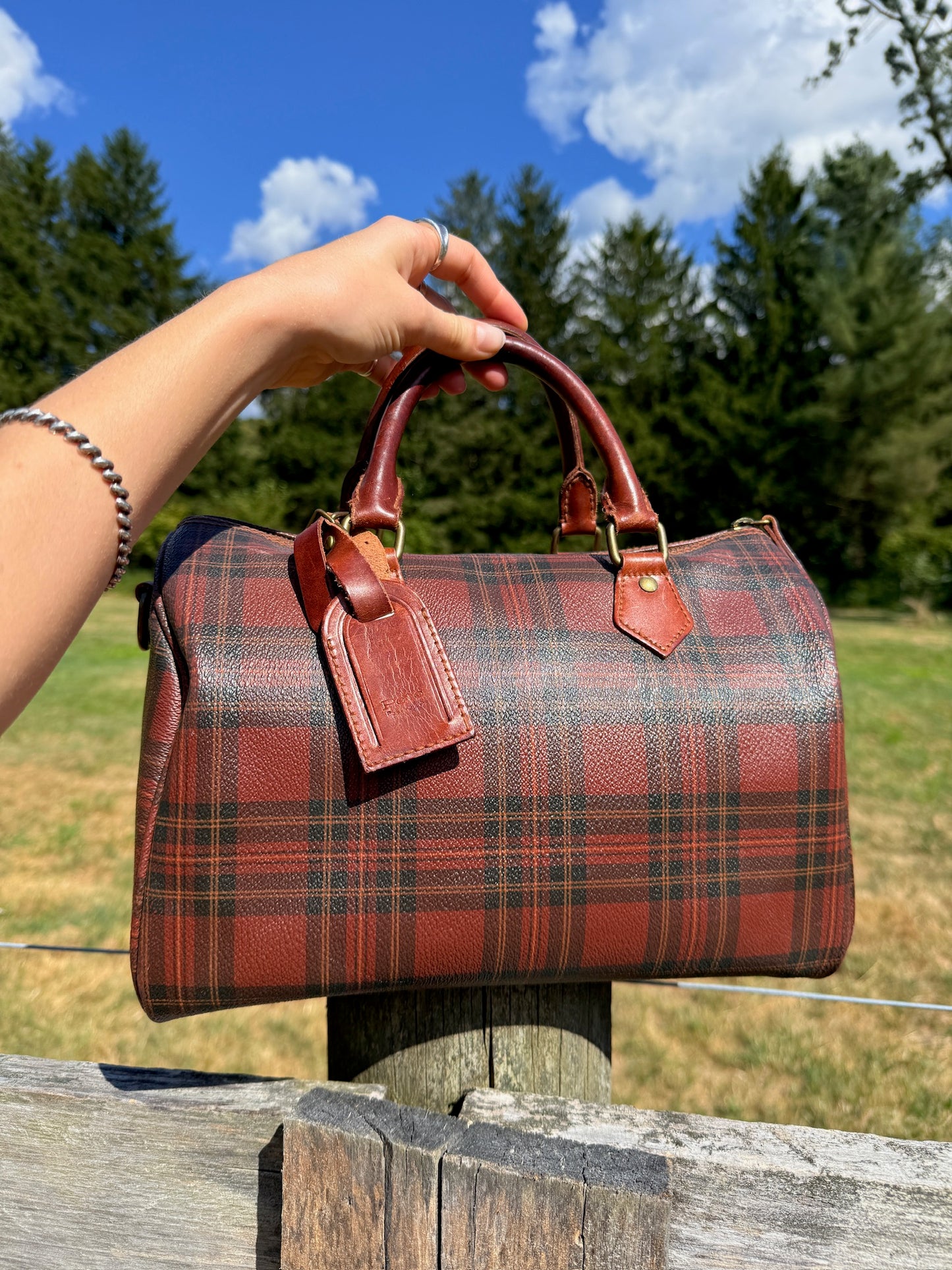 Vintage 1990s Polo Ralph Lauren Brown-Tone Plaid Leather Top Handle Bag