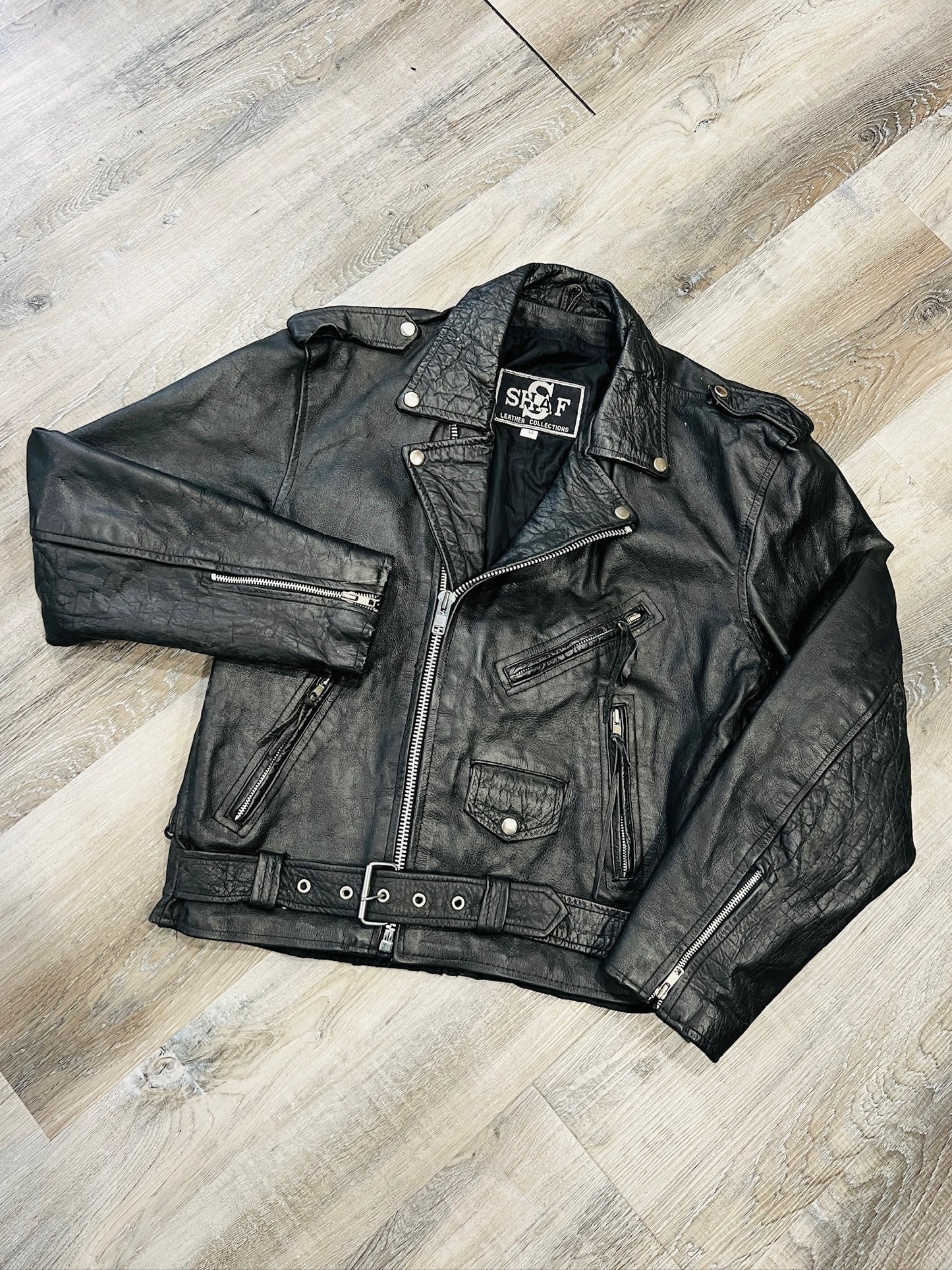 Vintage 1980s Shaf Black Leather Motorcycle Jacket | L/XL