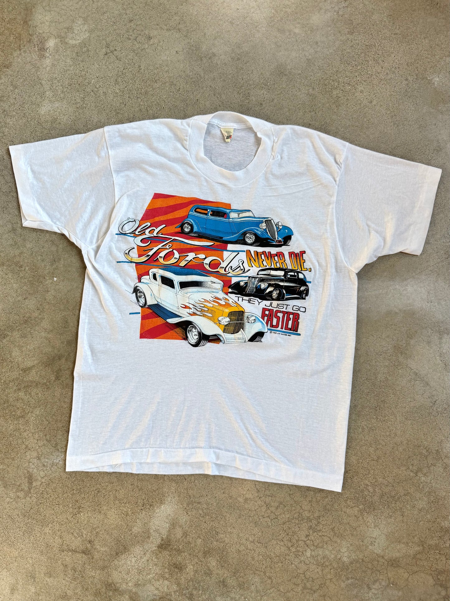 Vintage 1980s Air Waves “Old Fords Never Die” White Graphic Tee | Large