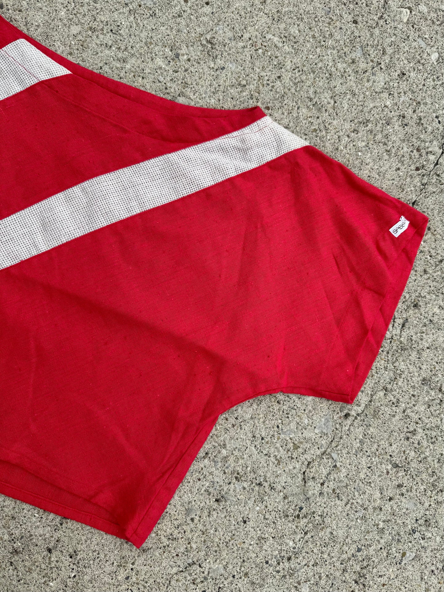 Vintage 1980s Sasson Red & Cream Cropped Linen Blouse | Large