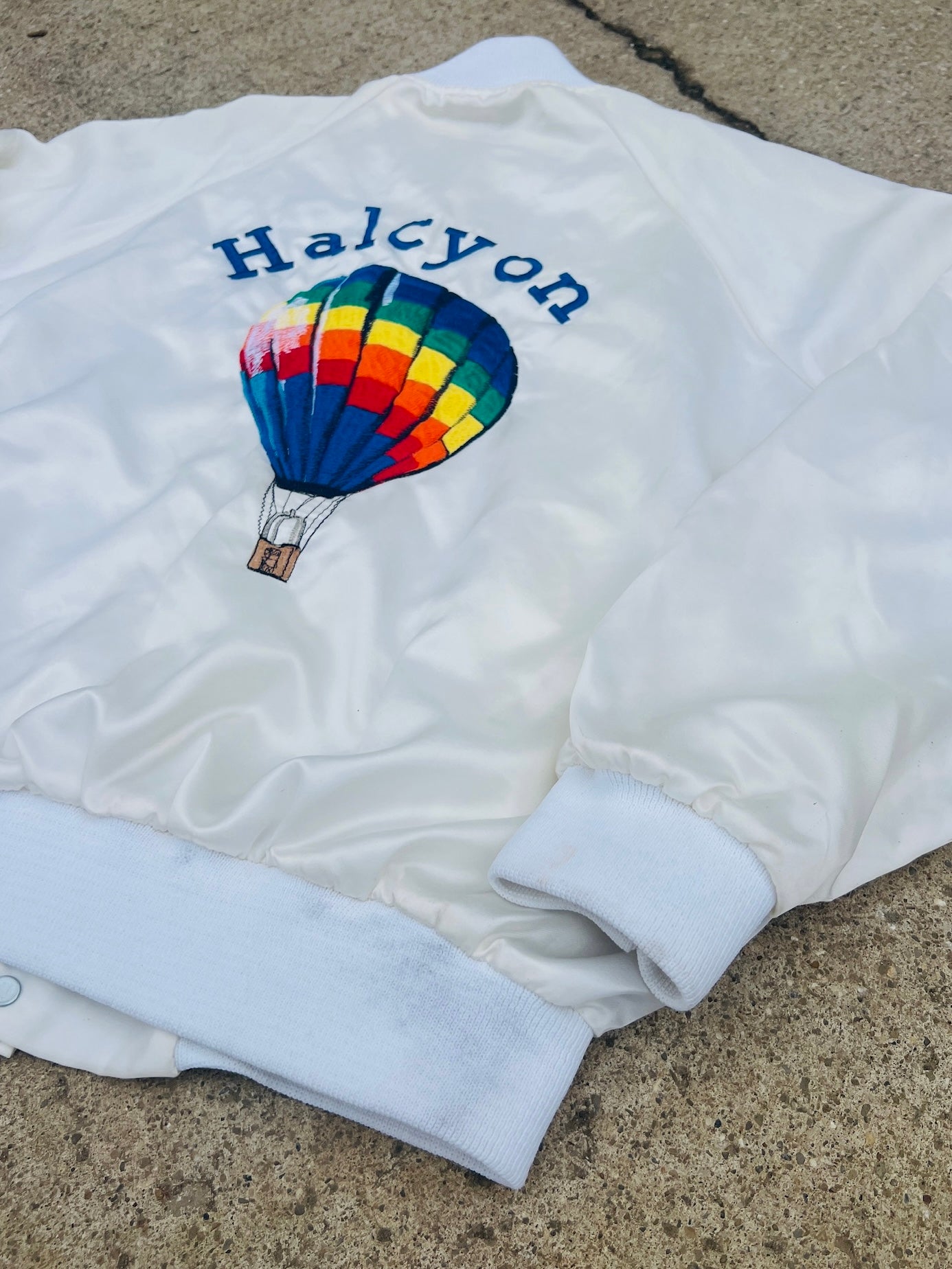 Vintage ‘89 Balloon Quest Halcyon Embroidered Satin Bomber Jacket | Large