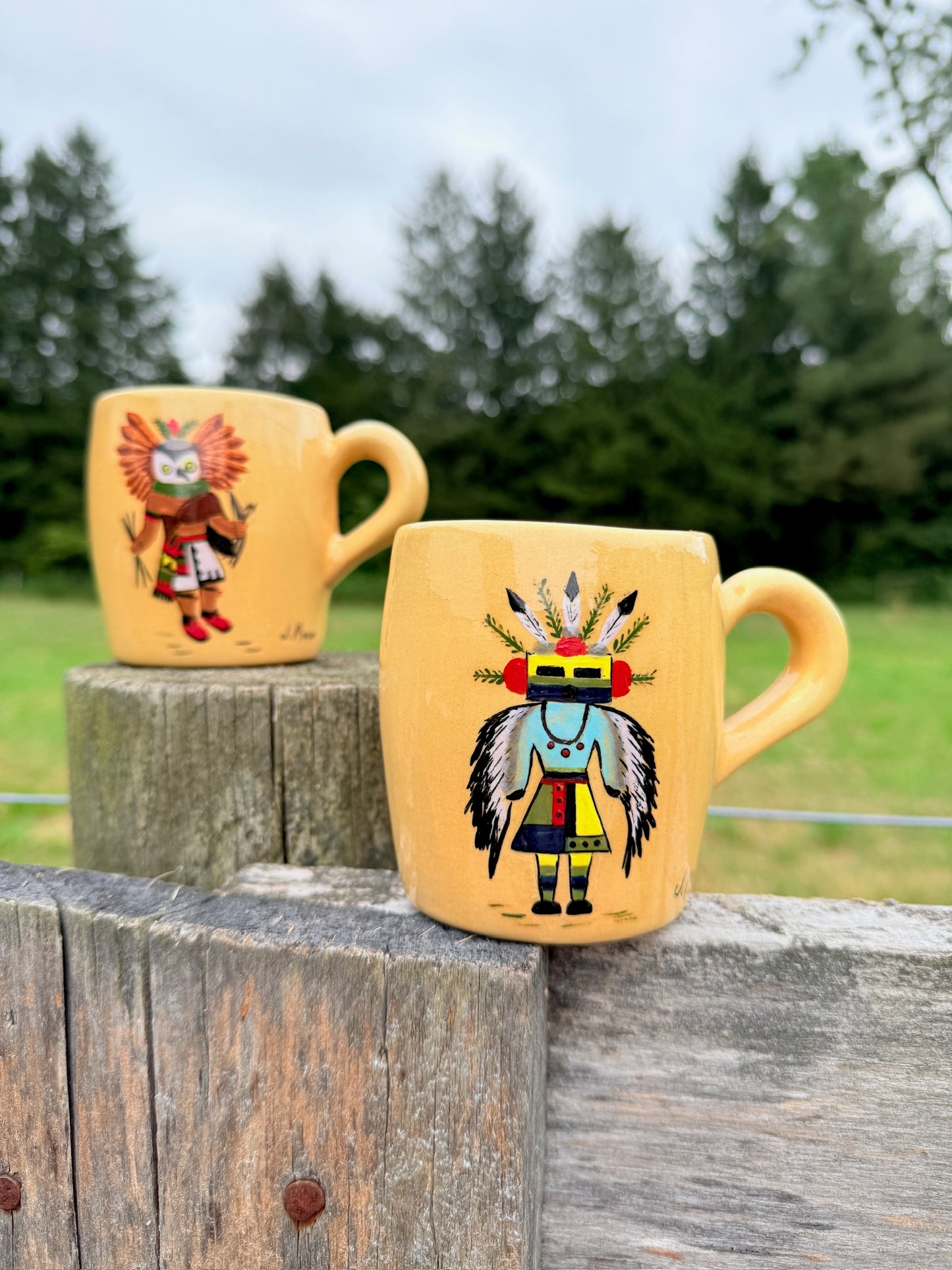 Vintage 1950s J. Moore Hand-Painted Ceramic Native American Coffee Mugs | Set of 5
