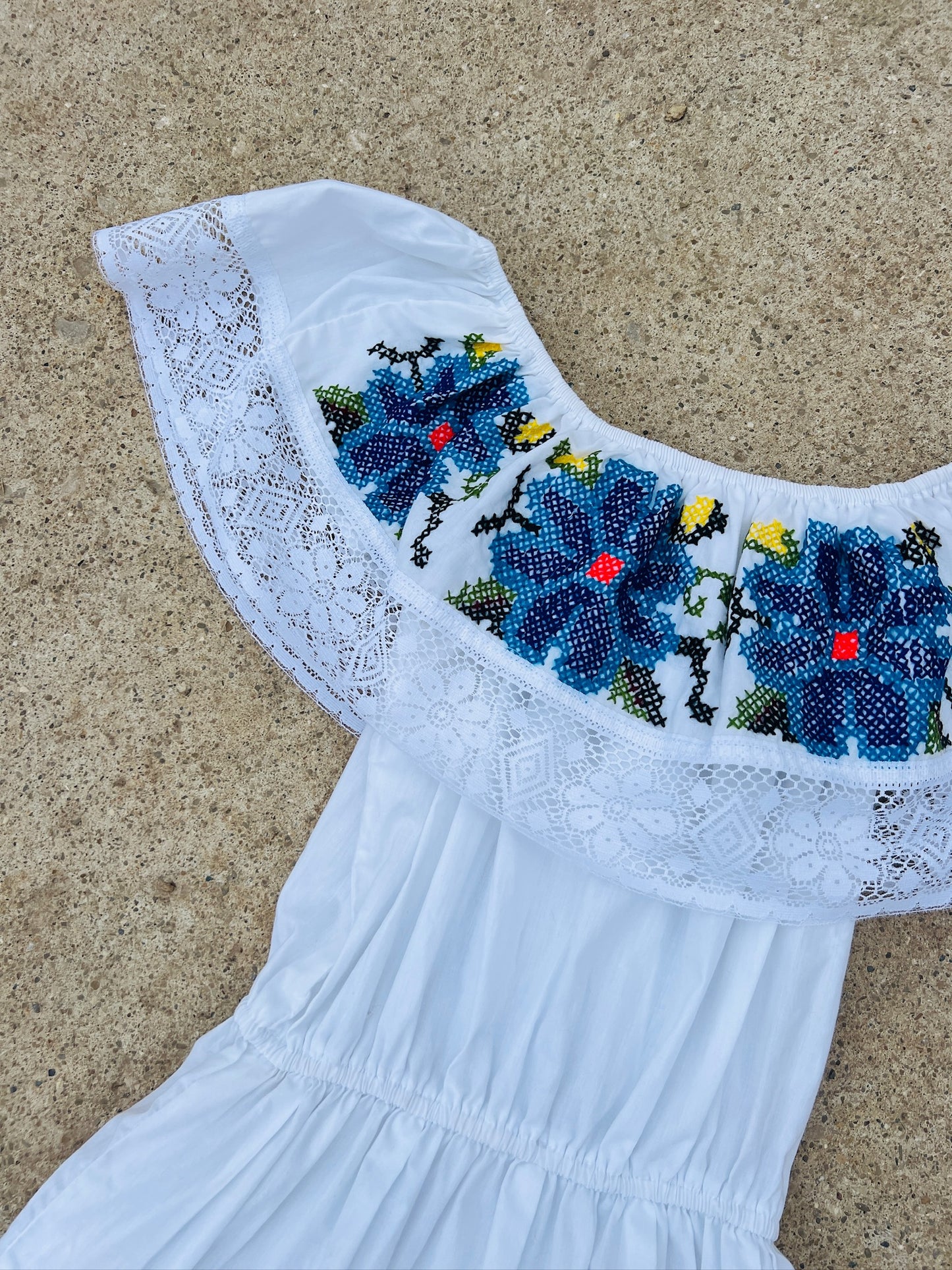 Vintage Mexican Embroidered Off Shoulder Cotton Dress | Medium