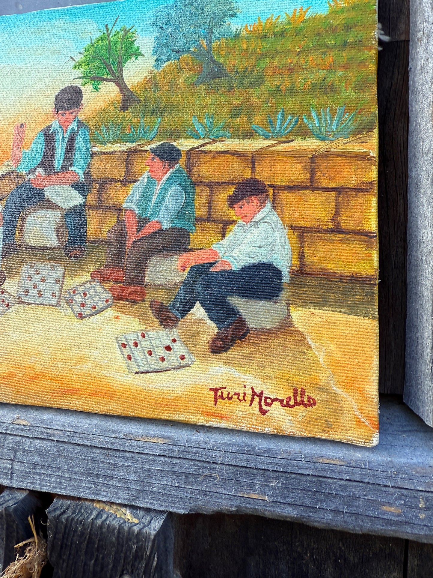 Vintage Signed Turi Morello Sicilian "Boys Playing Checkers" Oil on Canvas Painting