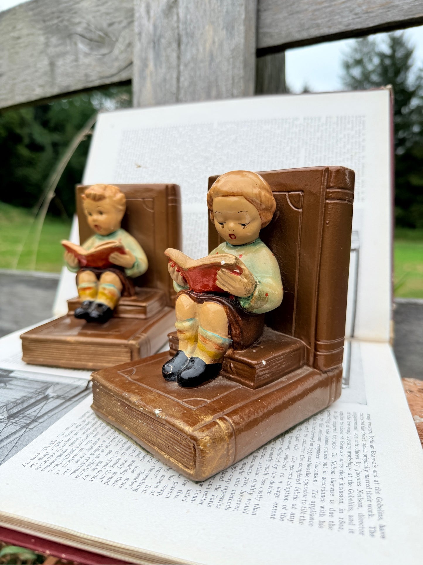 Vintage 1930s Ceramic "Boy & Girl Reading" Bookends | Set of 2