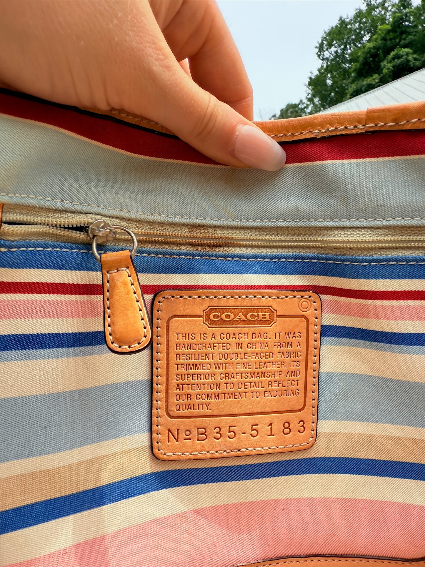 2000s Coach Hampton Striped Canvas & Tan Leather Tote Bag