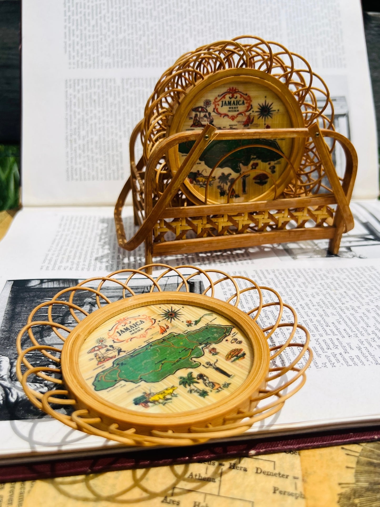 Vintage 1950s Jamaica West Indies Rattan Coaster Set