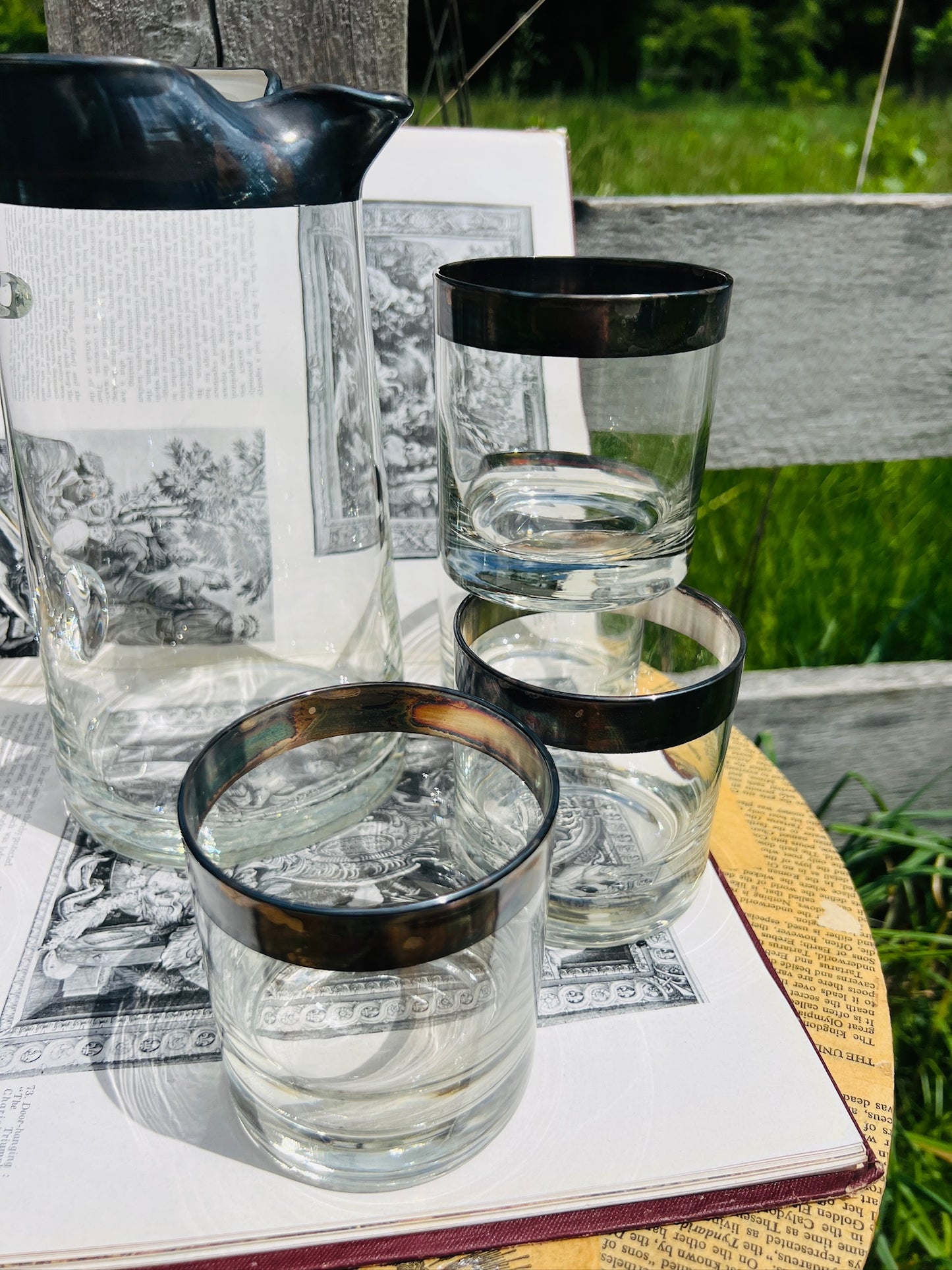 Vintage 1950s Silver Rim Pitcher & Glasses Set