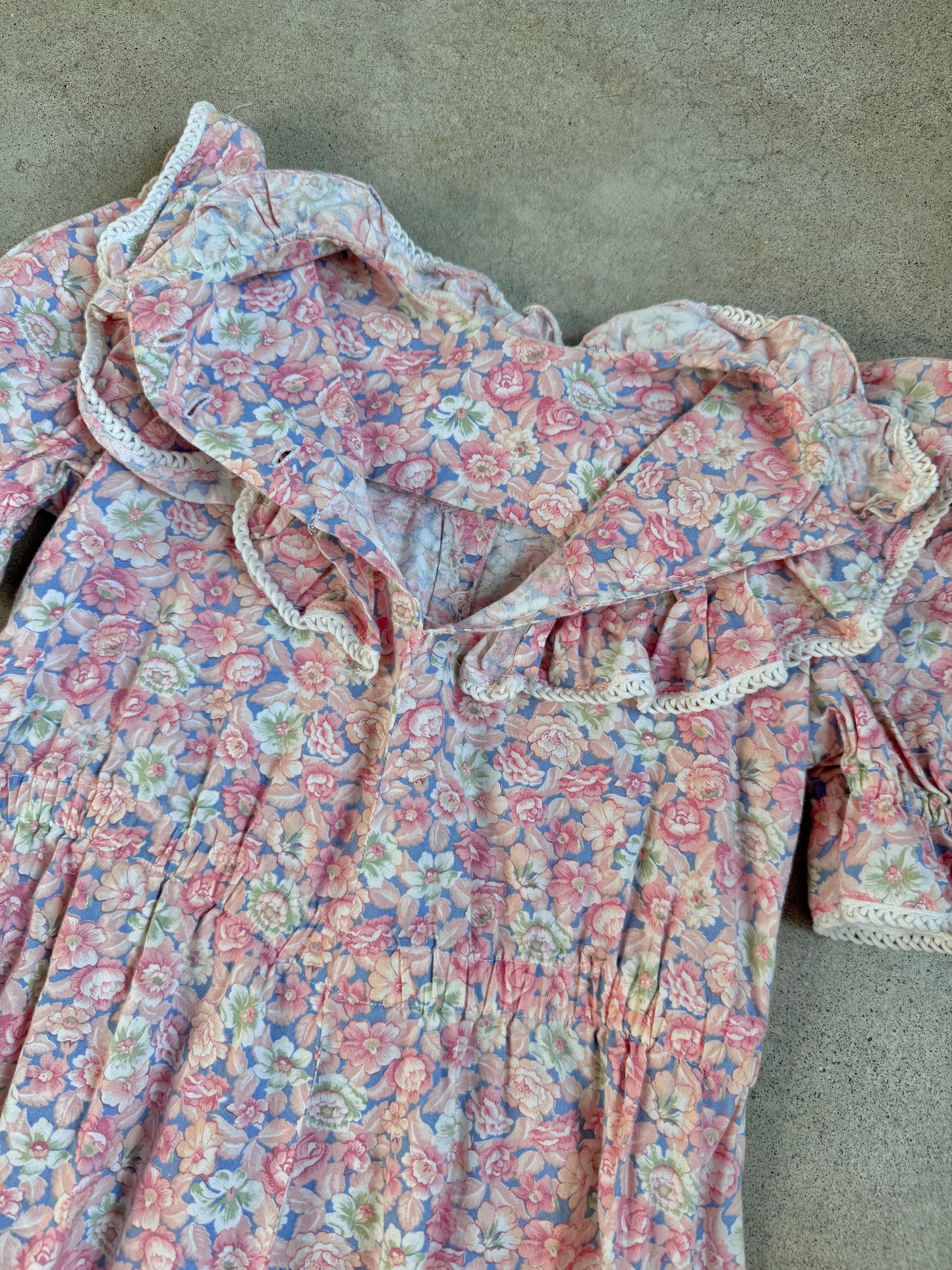 Vintage 1970s Handmade Pink Floral Frilled Collar Babydoll Dress | XS/S
