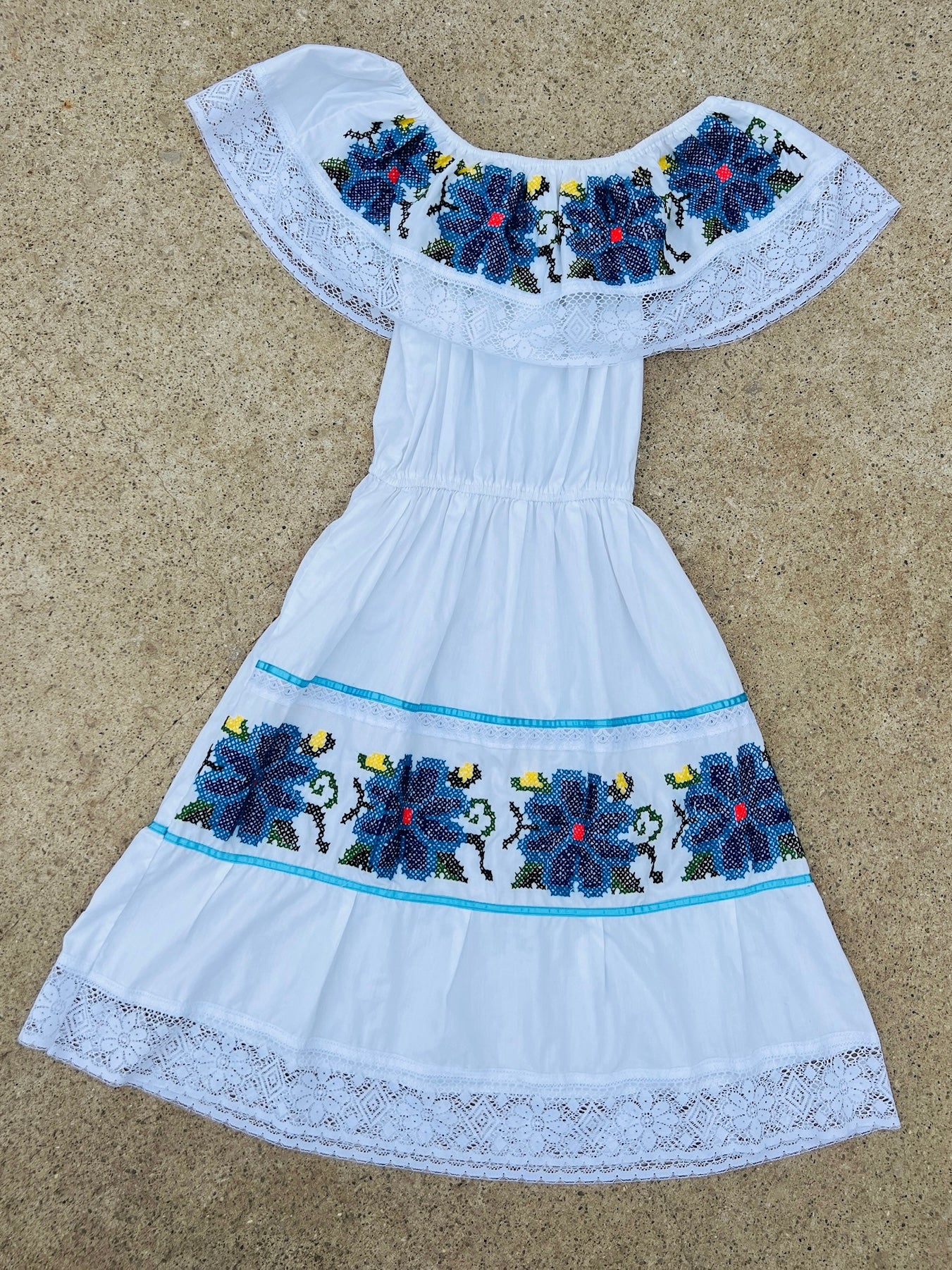 Vintage Mexican Embroidered Off Shoulder Cotton Dress | Medium