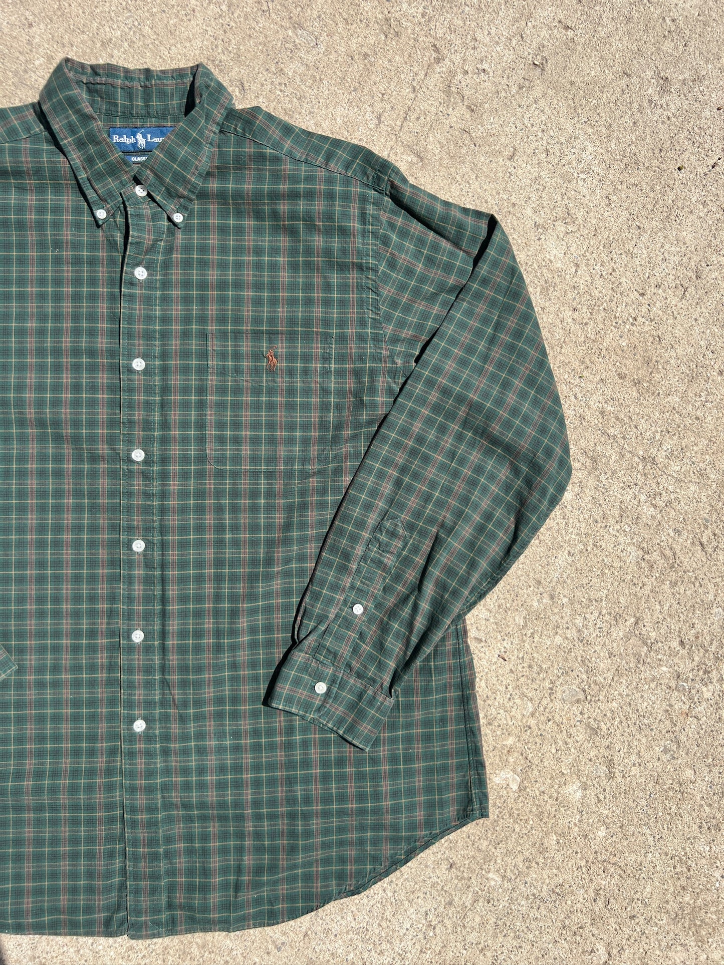 Vintage 1990s Ralph Lauren Green Plaid Cotton Button Down Shirt | XL