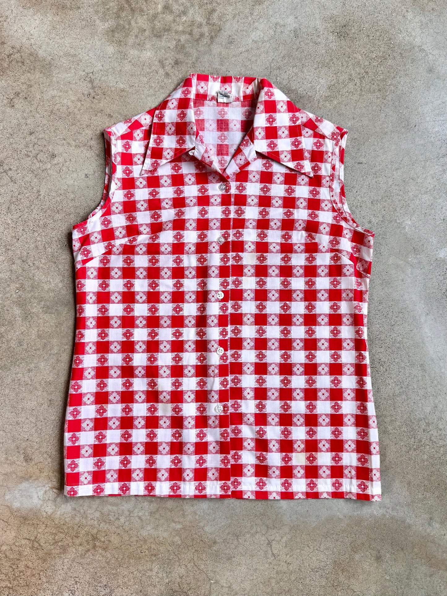 Vintage 1970s Miss K Red Floral Gingham Sleeveless Blouse | Small
