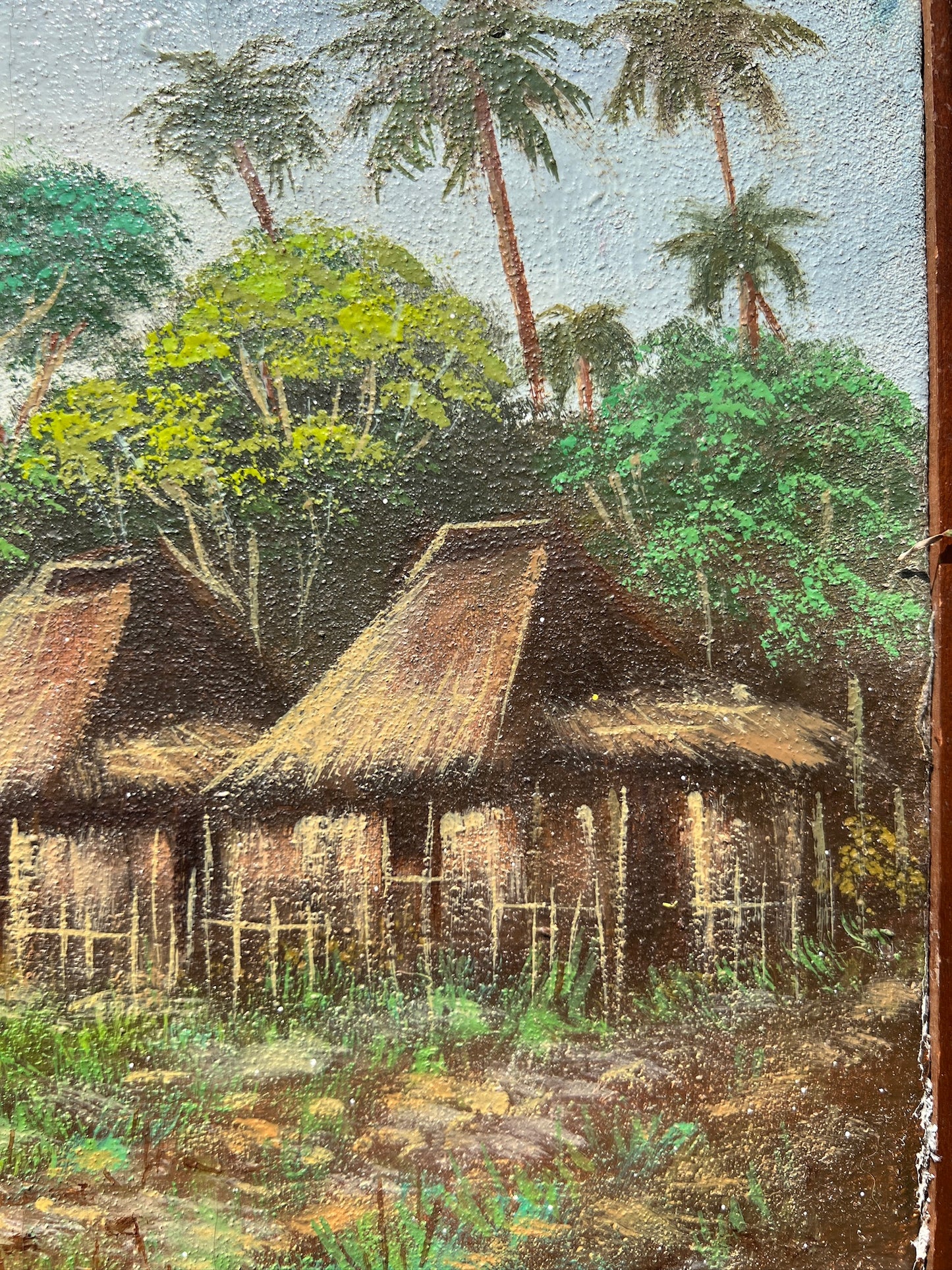 Vintage 1960s Wood Framed Signed South American Oil on Canvas
