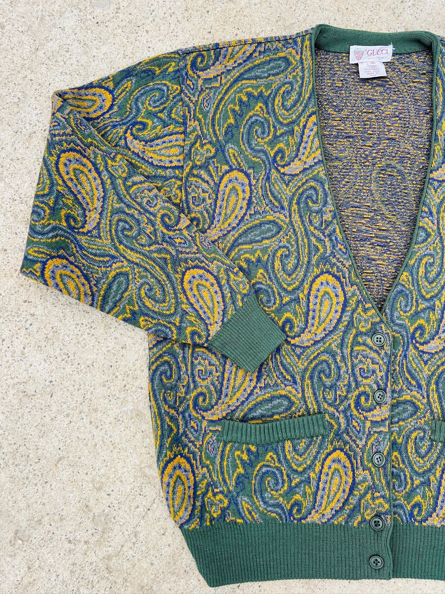 Vintage 1980s Gucci Green Paisley Wool Cardigan | Medium