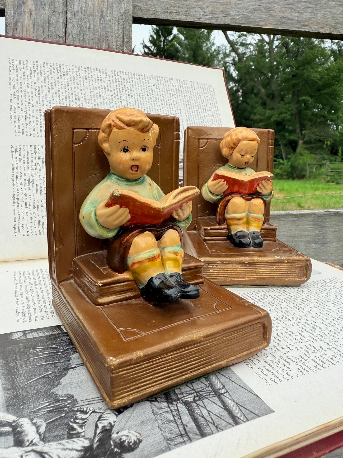 Vintage 1930s Ceramic "Boy & Girl Reading" Bookends | Set of 2