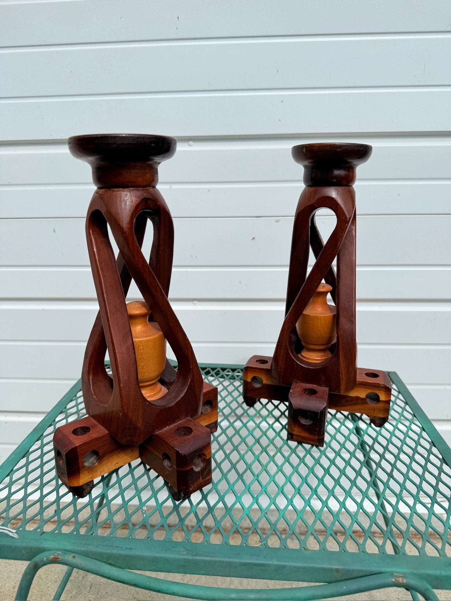Vintage 1960s Hand-Carved Wood Spiral Candlestick Holders | Set of 2