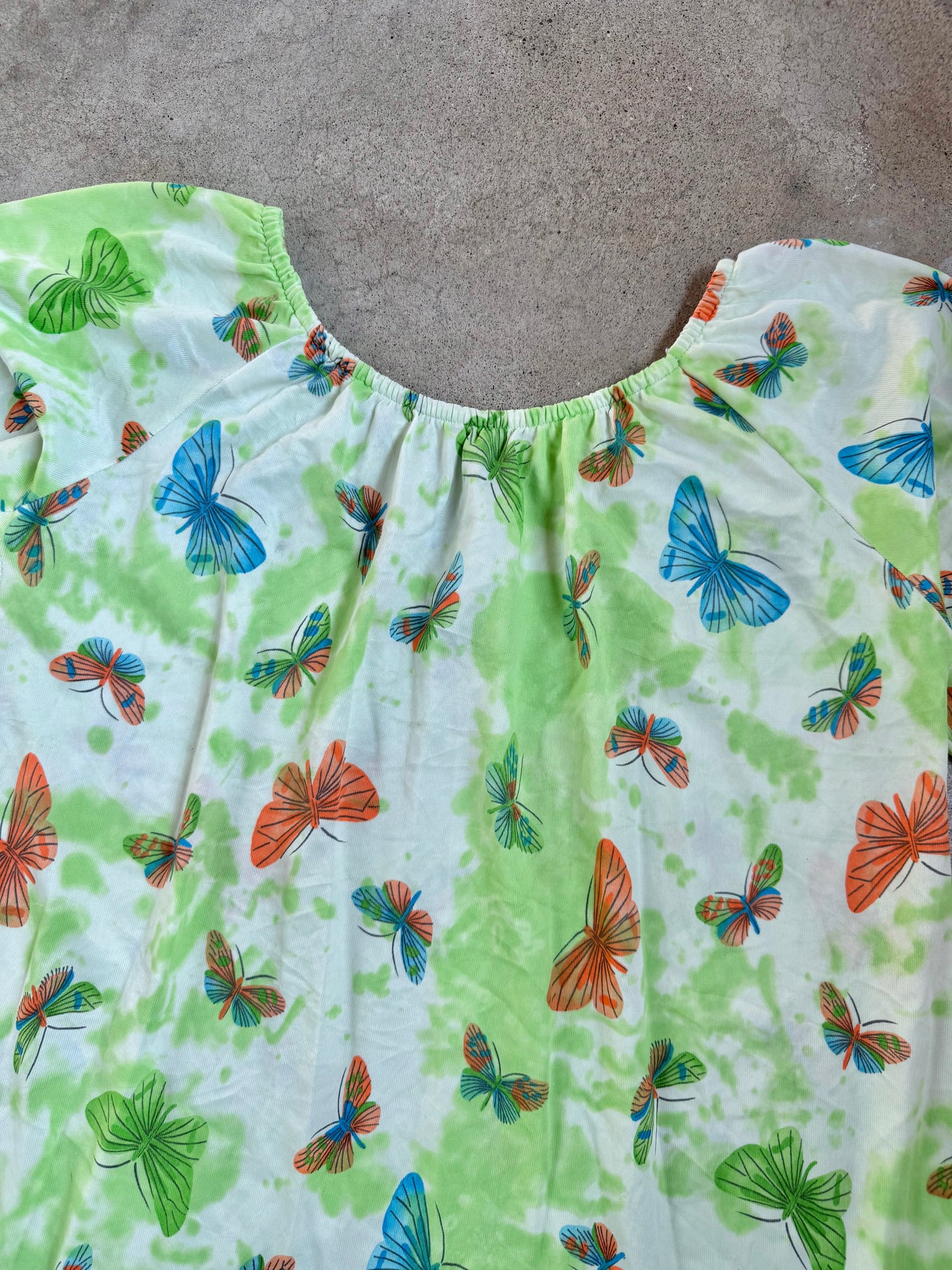 Vintage 1970s Green Butterfly Print Nylon Maxi Dress | Medium