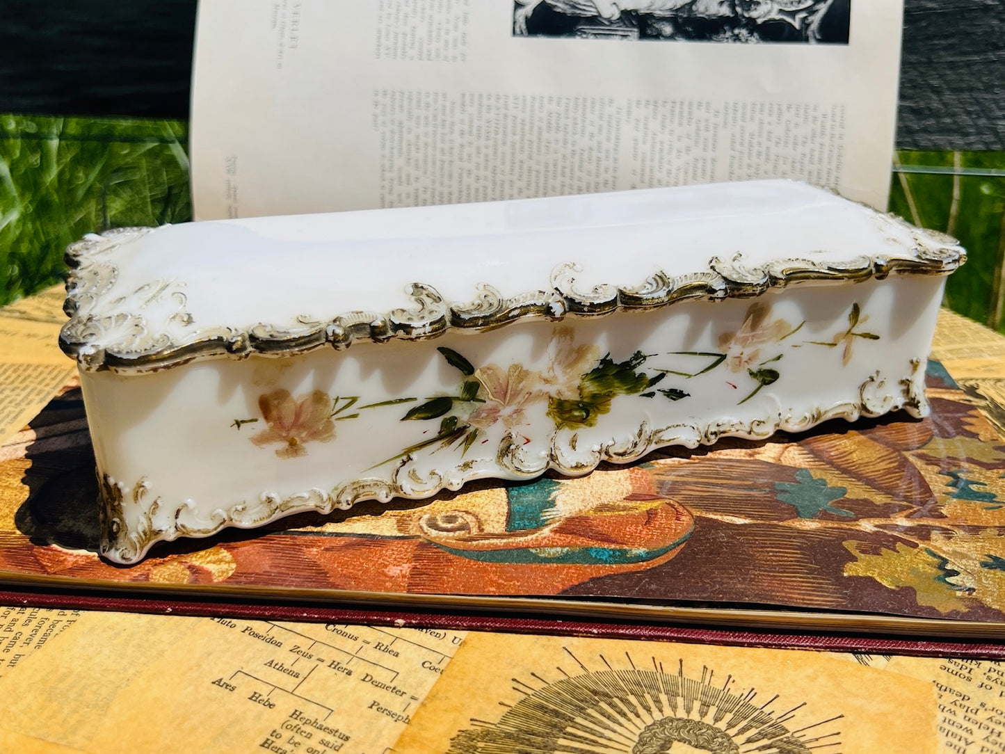 Antique 1900s Ditherage Co. Victorian Milk Glass Filigree Hand-Painted Dresser Box