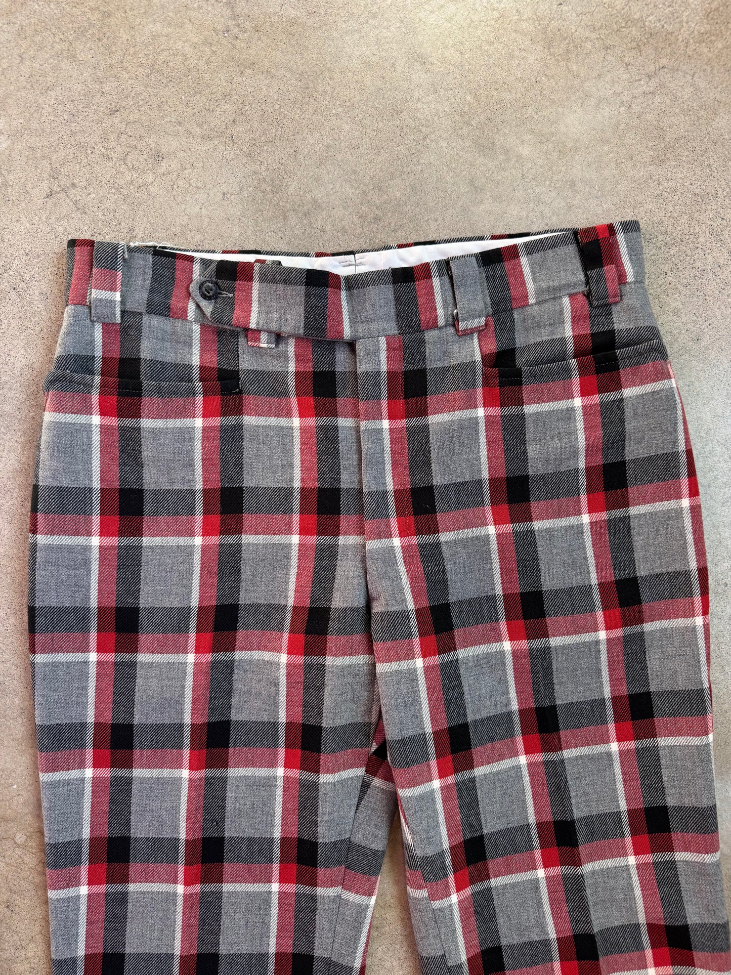 Vintage 1960s Red & Grey Plaid Wool Wide Leg Trousers | Waist 36”