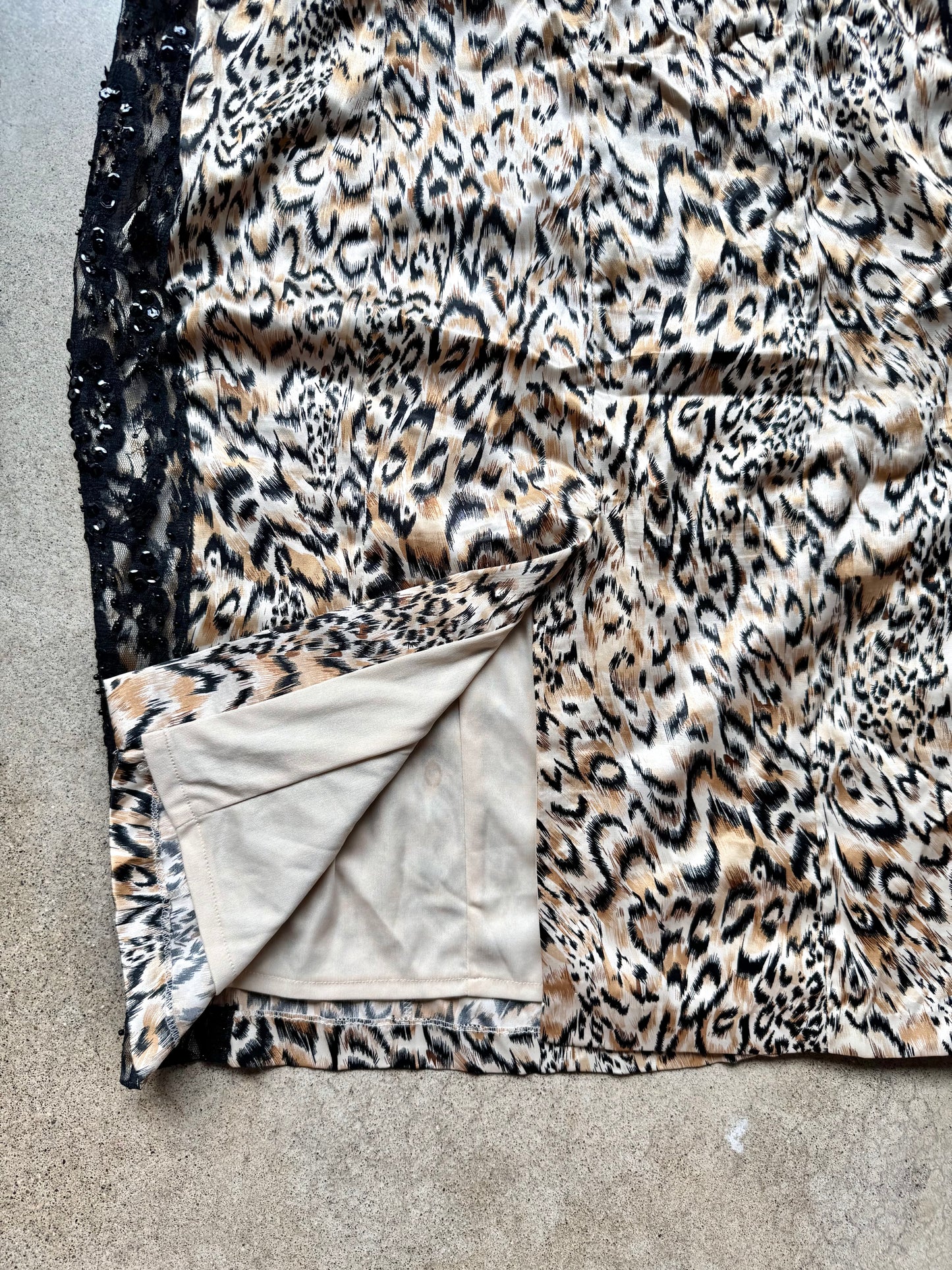 Vintage 1990s Dolce Jovani Leopard Print Satin Beaded Lace Trim Cocktail Dress | Small