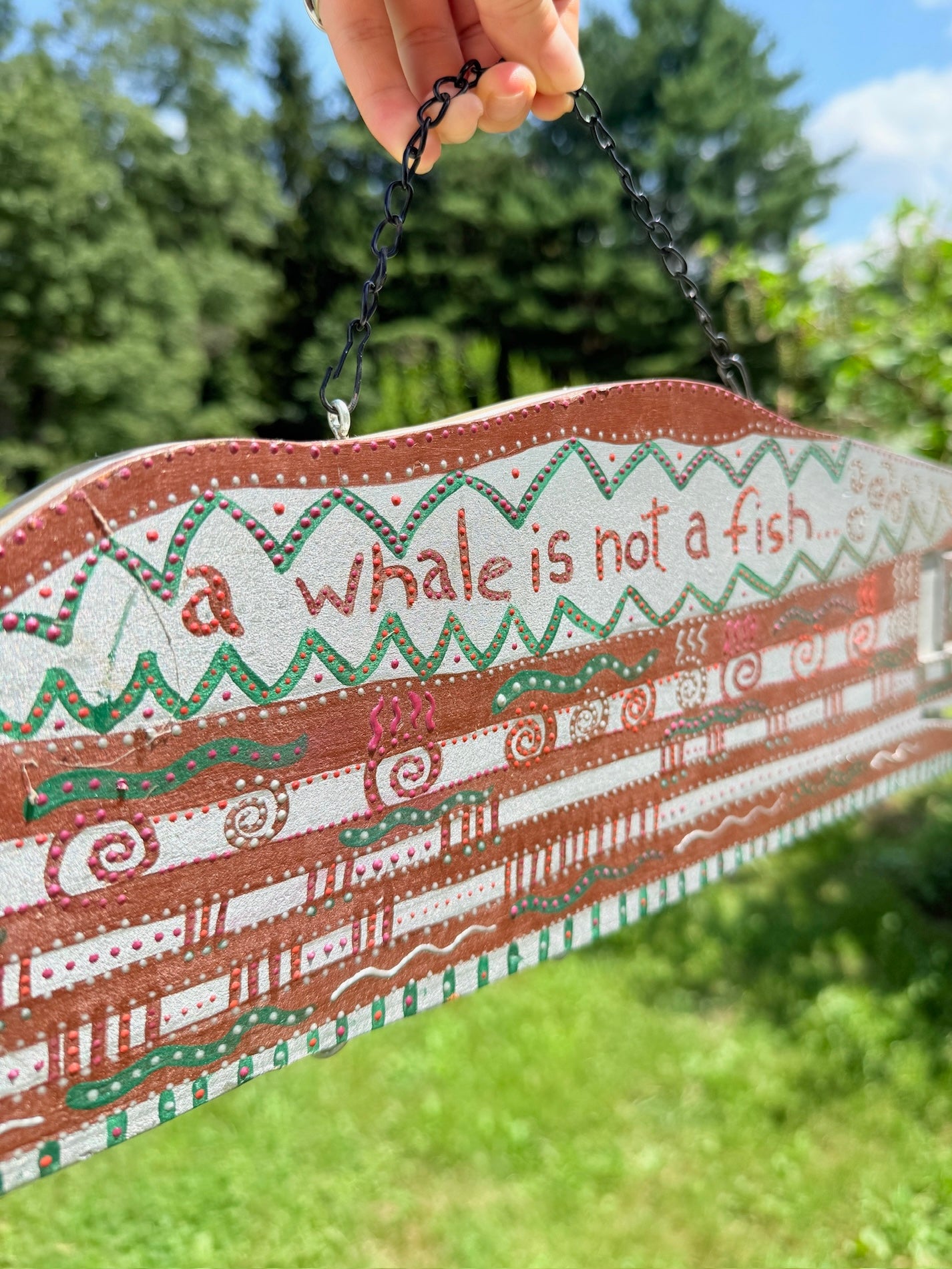 Vintage 1980s Folk Art Hand-Painted "A Whale is not a Fish" Wall Hanging