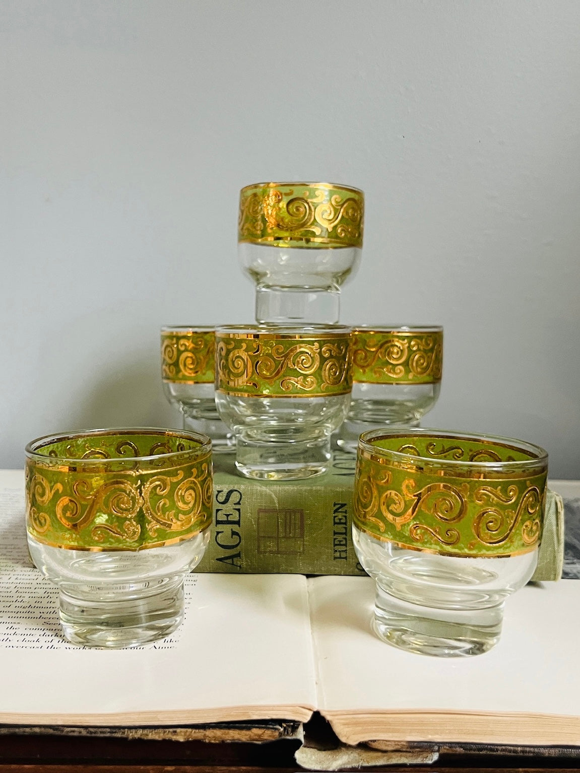 Vintage Culver Green & Gold Speck Glasses | Set of 6