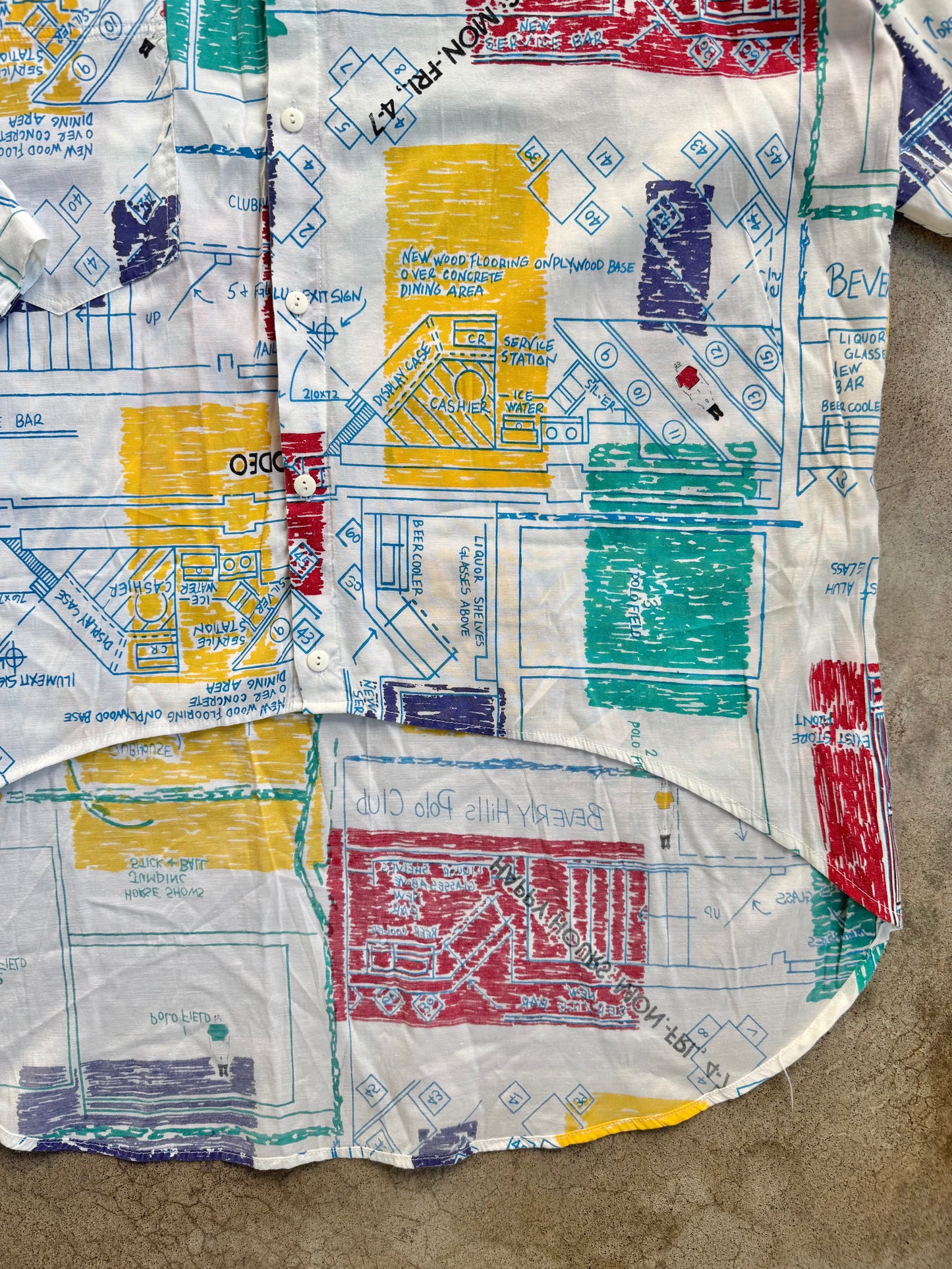 Vintage 1980s Beverly Hills Polo Club Retro Blueprint Collared Shirt | Medium