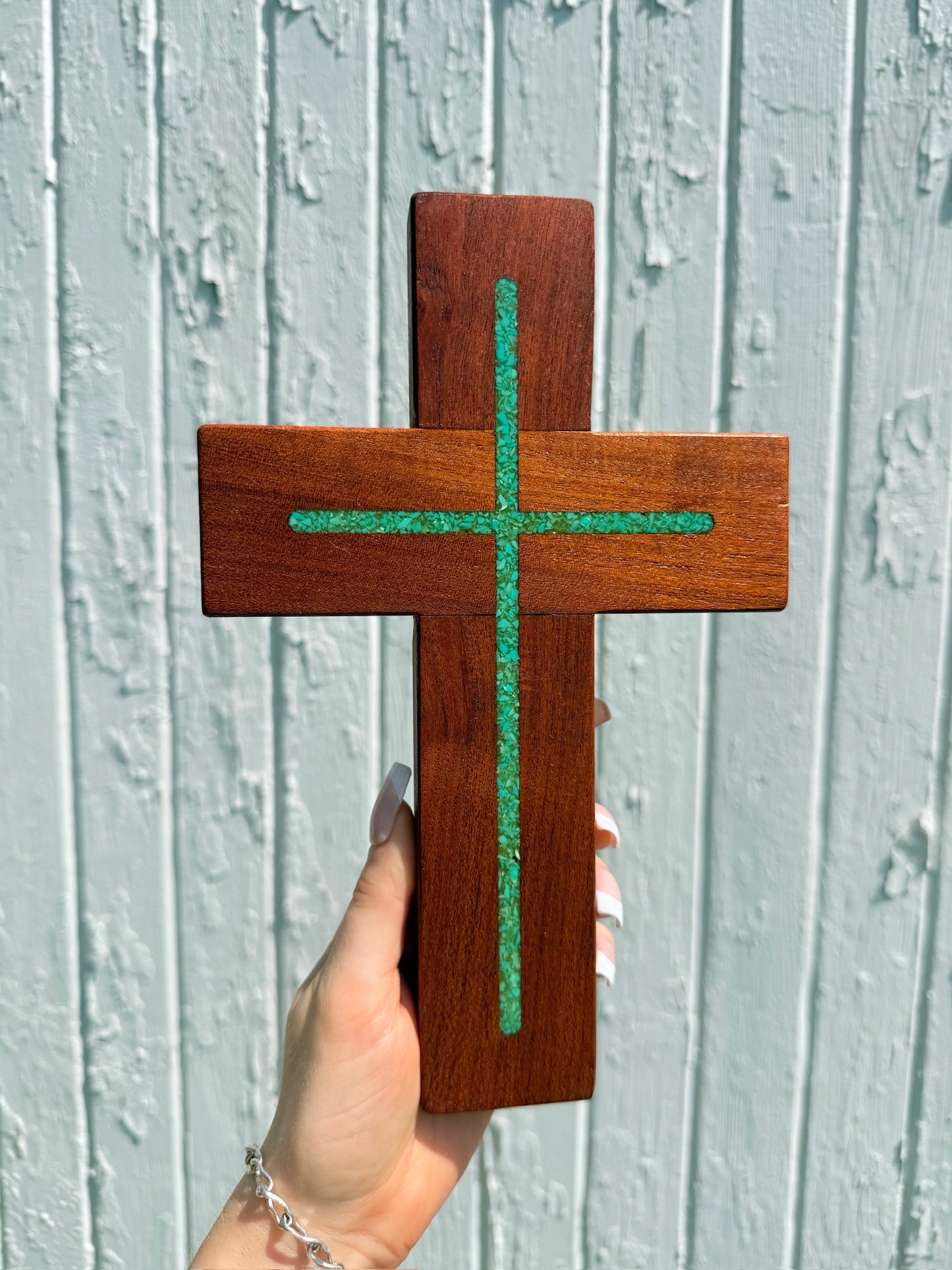 Vintage 1960s Wood & Turquiose Inlay Cross Wall Hanging