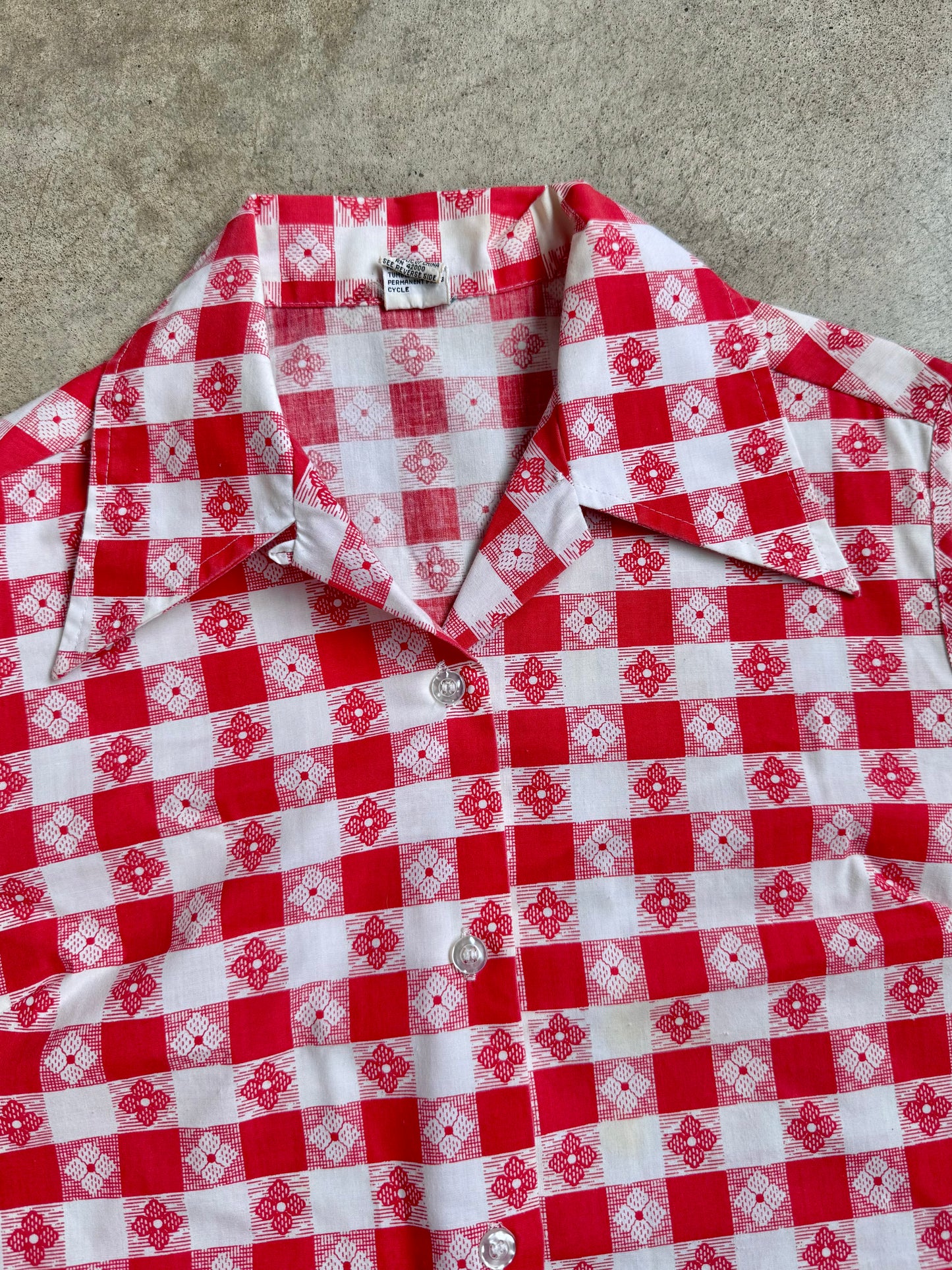 Vintage 1970s Miss K Red Floral Gingham Sleeveless Blouse | Small