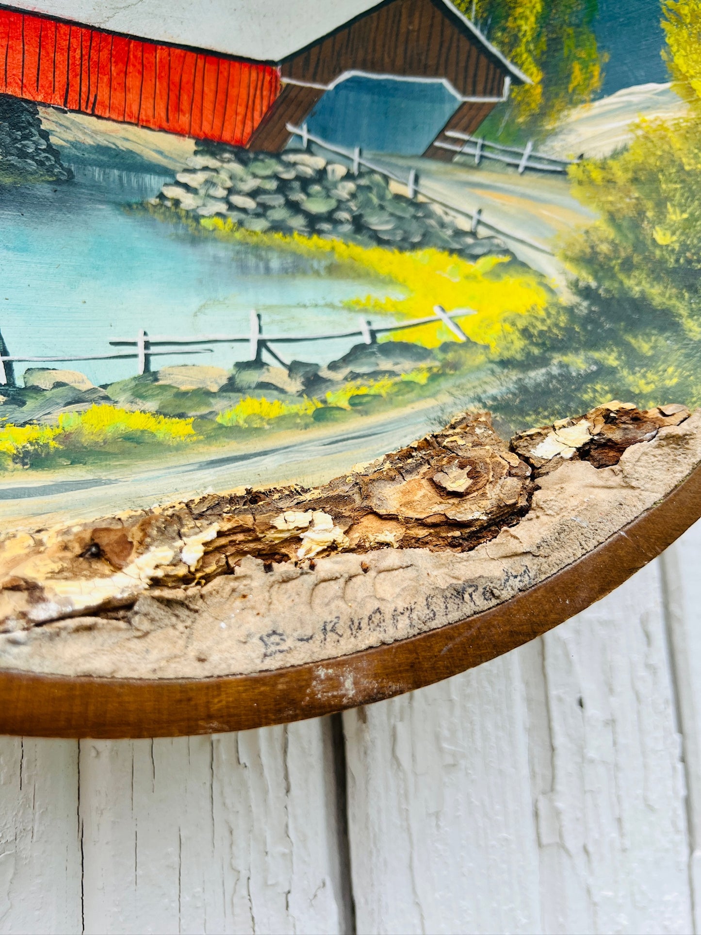 Vintage 1960s Hand Painted Barn Landscape Dough Bowl Wall Art