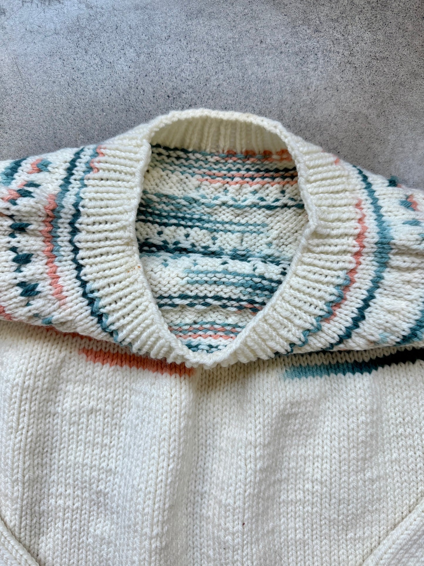 Vintage Cream Hand-Knit Nordic Yoke Sweater | Large