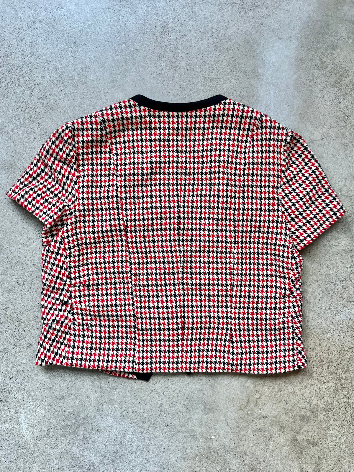 Vintage 1960s Red & Black Houndstooth Wool Short Sleeve Blouse | Small
