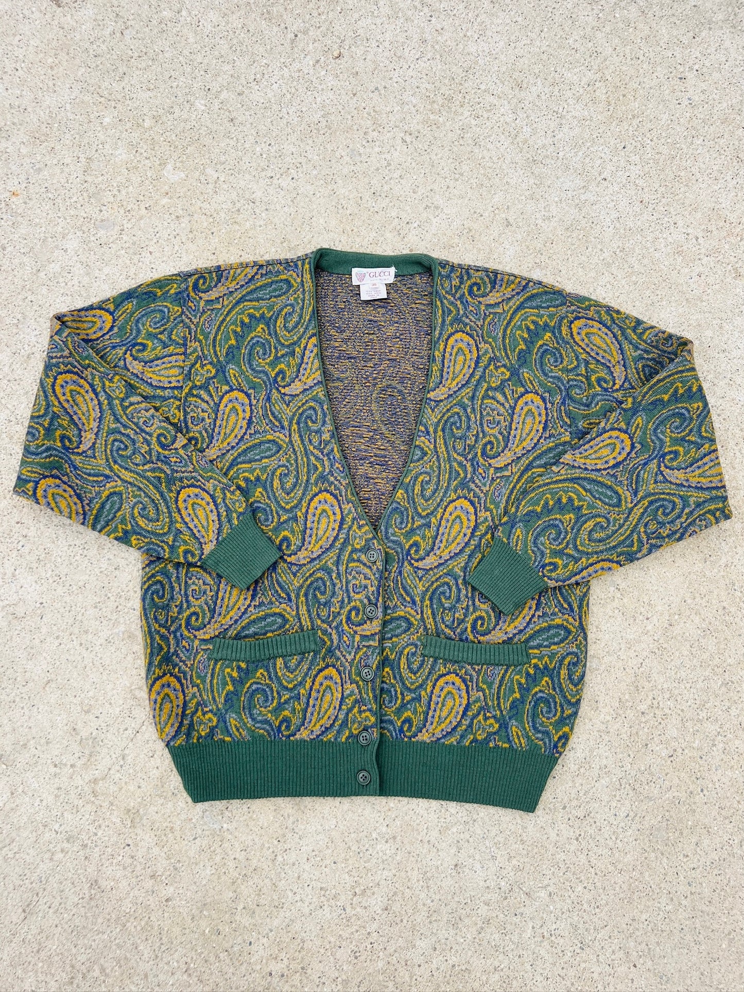 Vintage 1980s Gucci Green Paisley Wool Cardigan | Medium