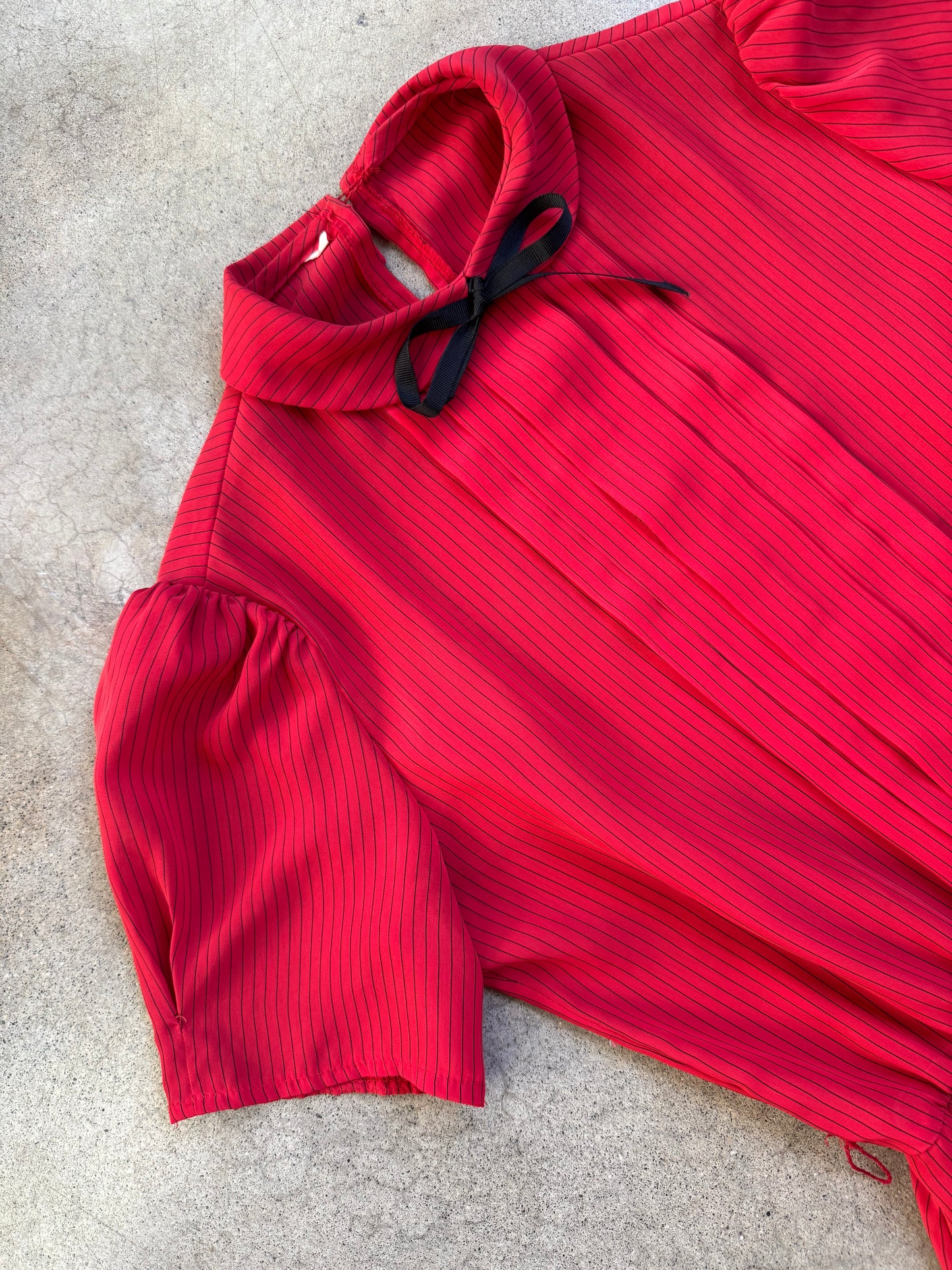 Vintage 1980s Sheer Red & Black Pinstripe Peter Pan Collar Dress | S/M