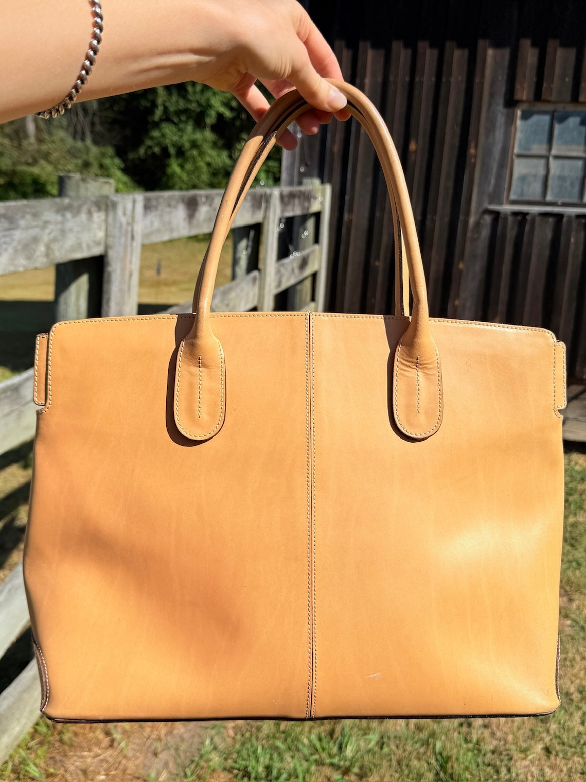 Vintage 1990s Saks Fifth Ave Tan Leather Top Handle Bag