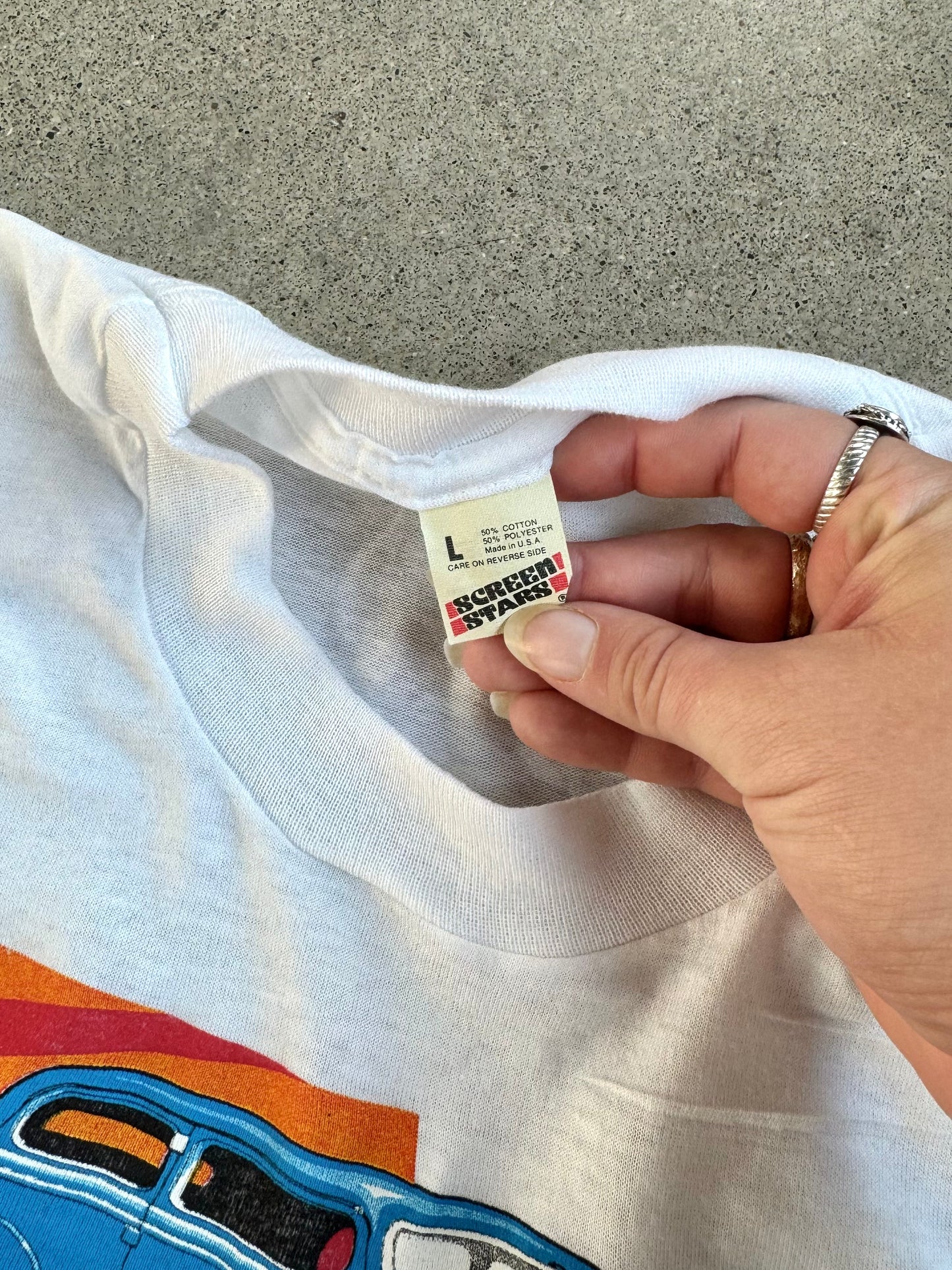 Vintage 1980s Air Waves “Old Fords Never Die” White Graphic Tee | Large