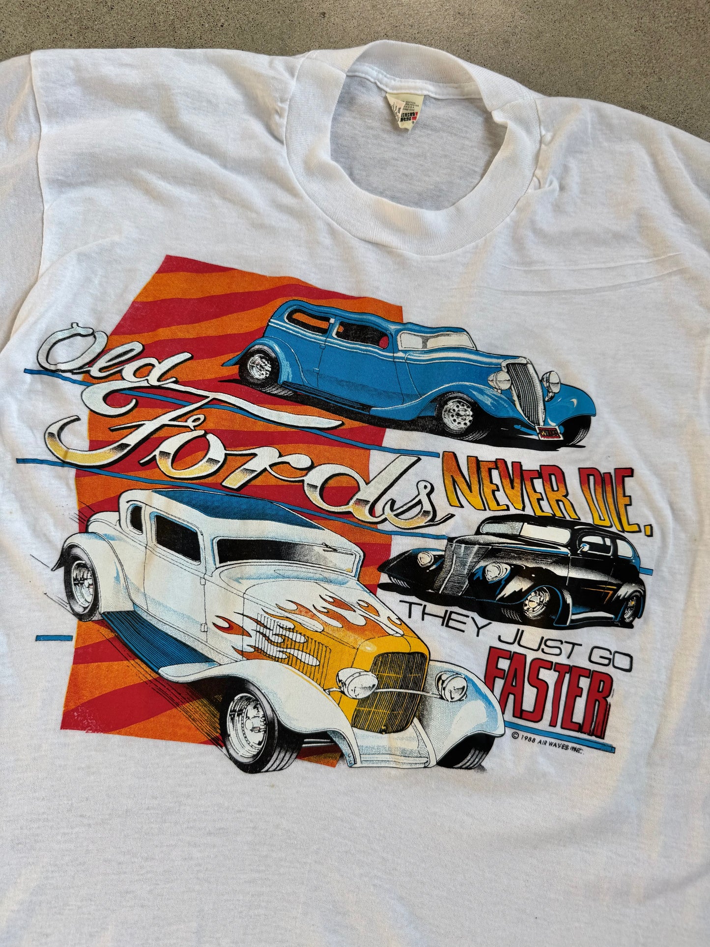 Vintage 1980s Air Waves “Old Fords Never Die” White Graphic Tee | Large