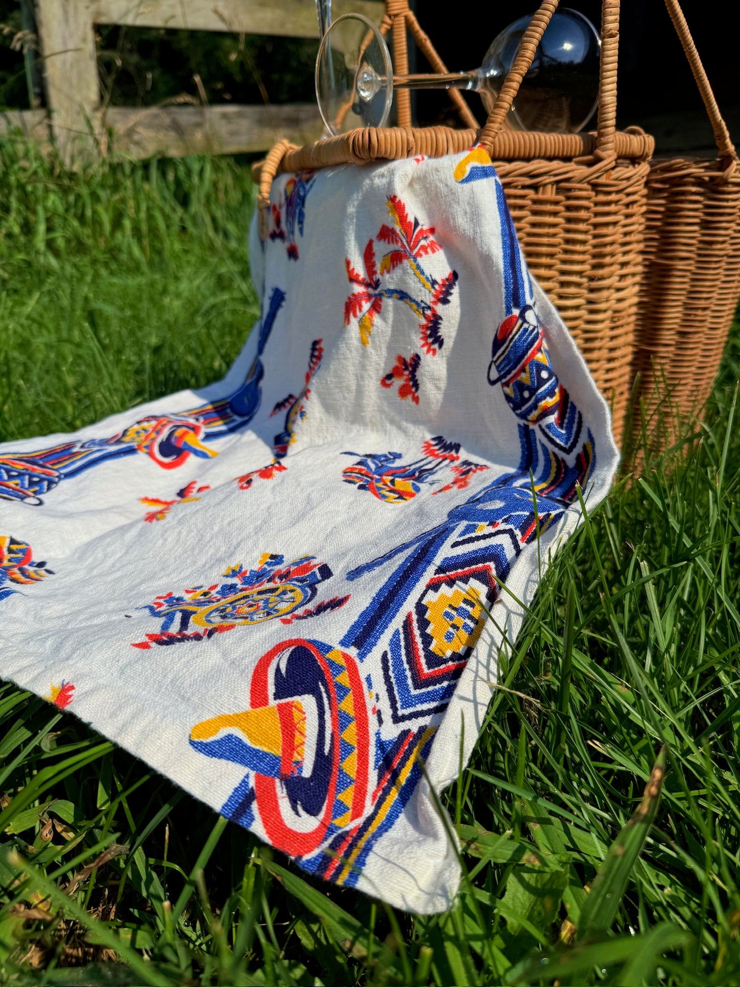 Vintage 1950s Wicker Woven Picnic Basket w/ Tablecloth & Glasses