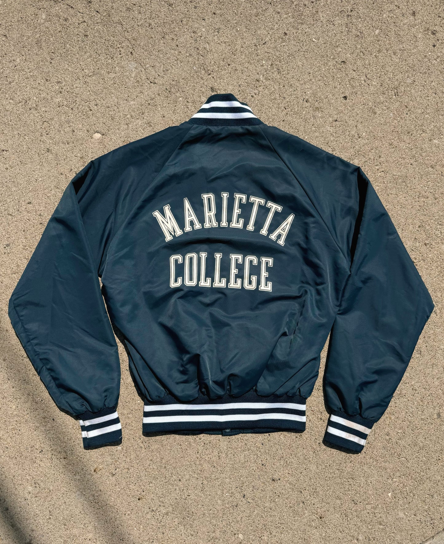 Vintage 1980s Marietta College Navy Varsity Bomber Jacket | Small