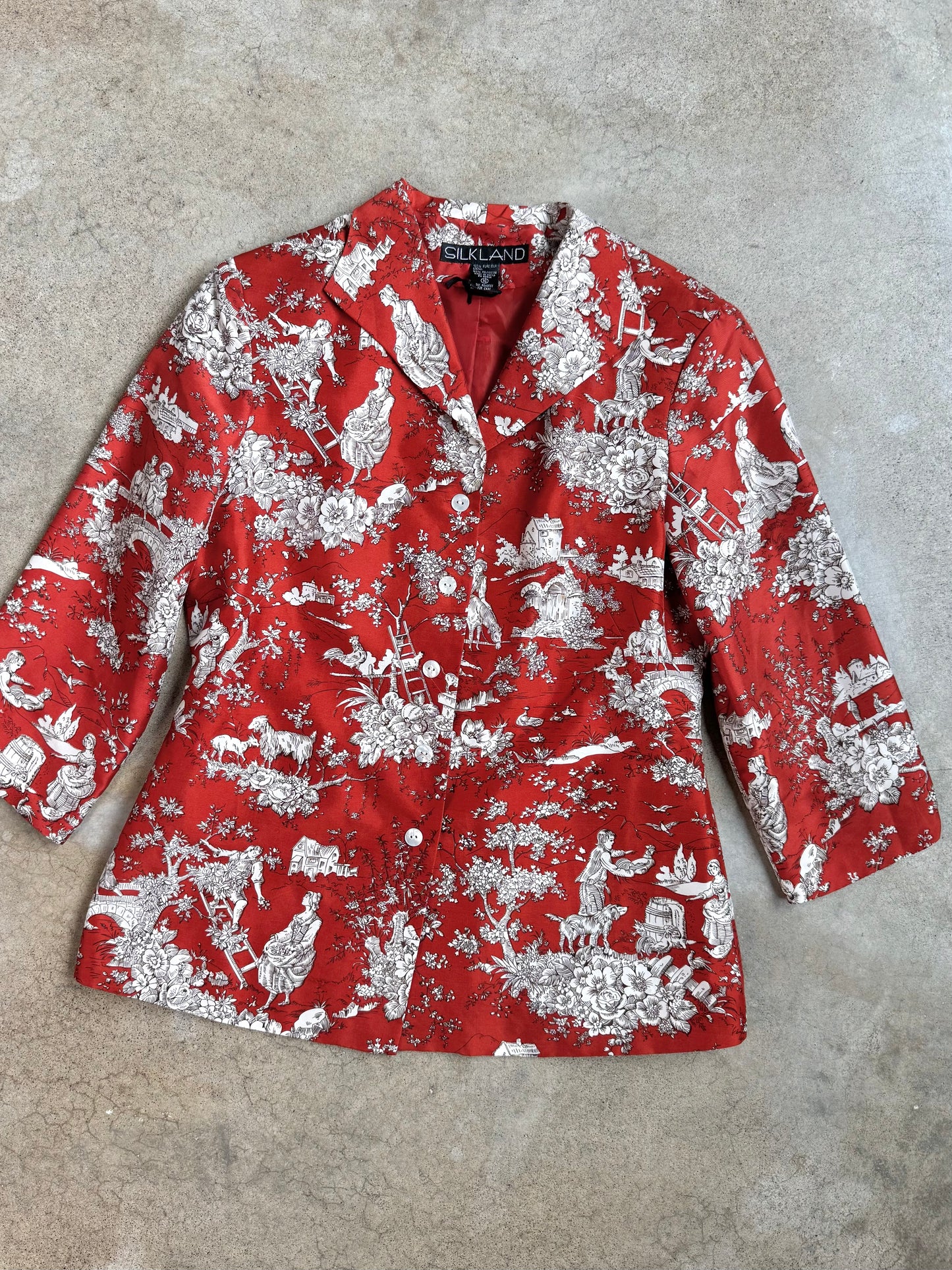 Vintage 1990s Silkland Red Toile Print Silk Blazer | Medium