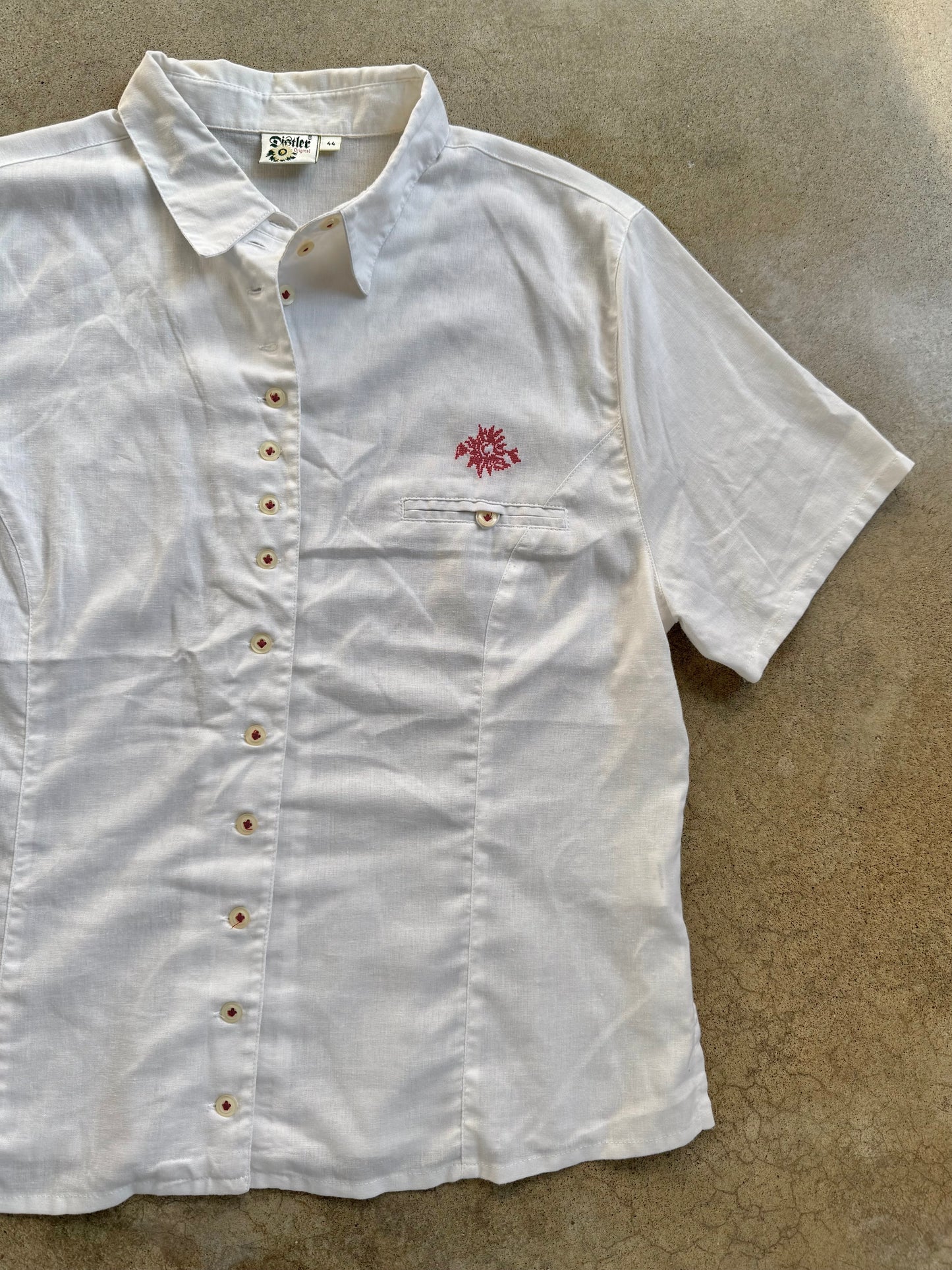 Vintage 1970s Distler White Embroidered Button-Up Blouse | Large