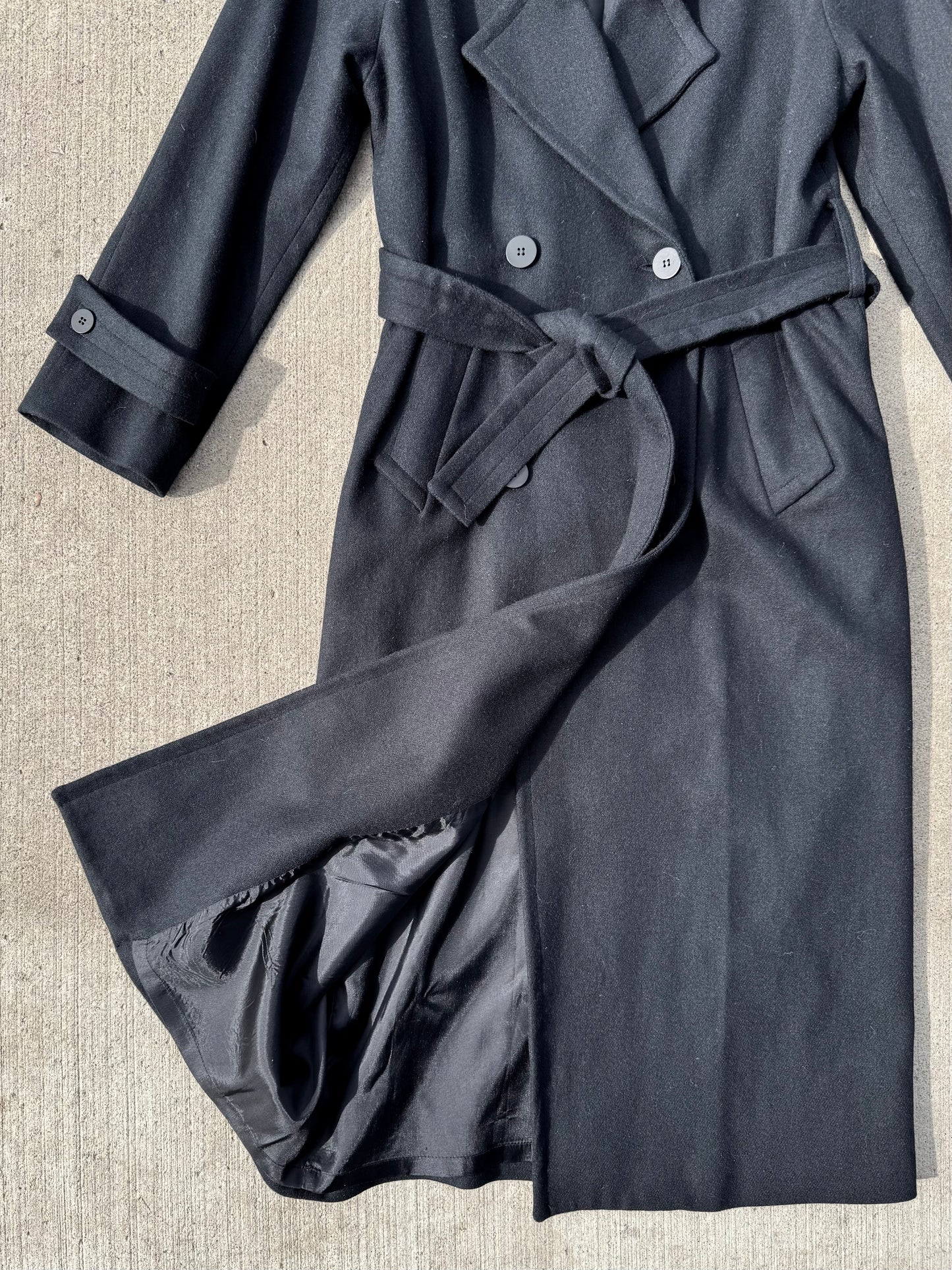 Vintage 1990s Casual Corner Black 100% Wool Belted Trench Coat | XS