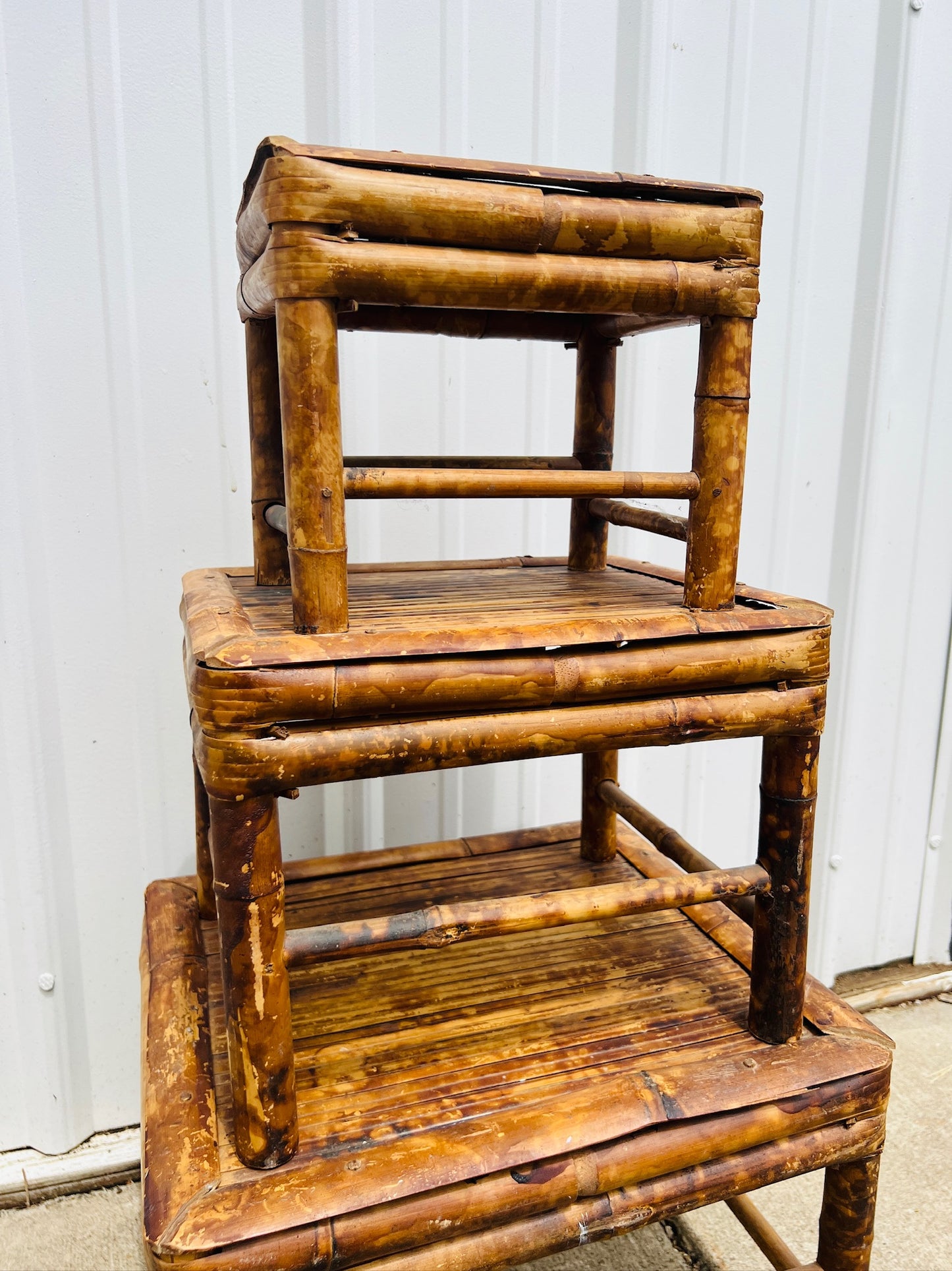 Vintage 1950s Tortoise Bamboo Planter Stools | Set of 3