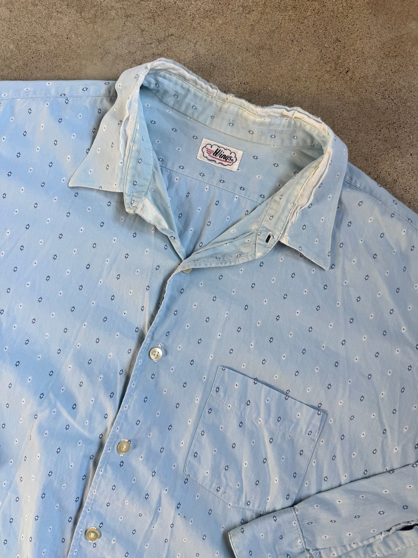 Vintage 1950s Wings Blue Printed Distressed Button-Up Shirt | XXL