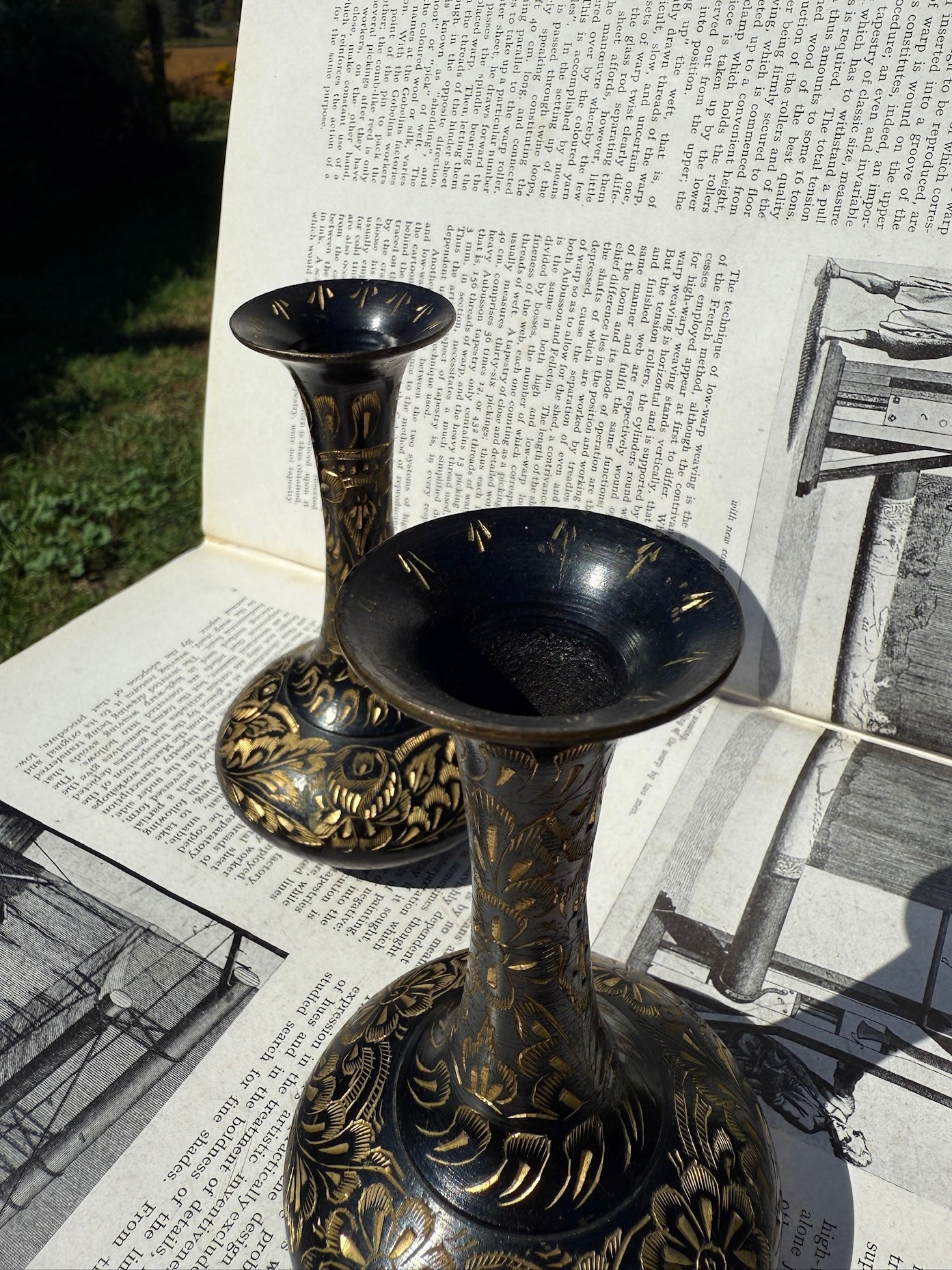 Vintage 1940s Solid Brass Etched Bud Vases | Set of 2