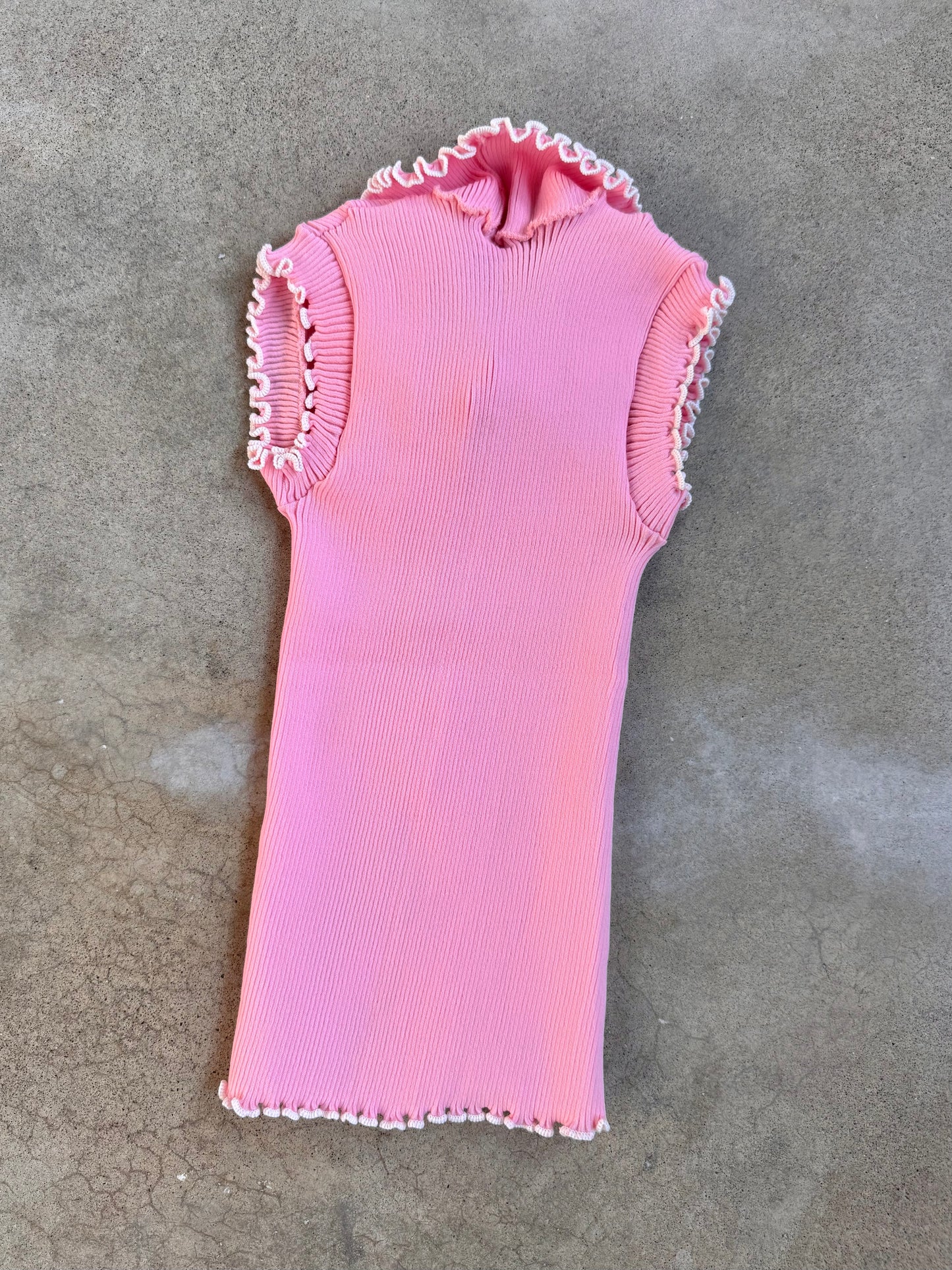 Vintage 1970s Baby Pink Frilled Tie Collar Sleeveless Blouse | Small